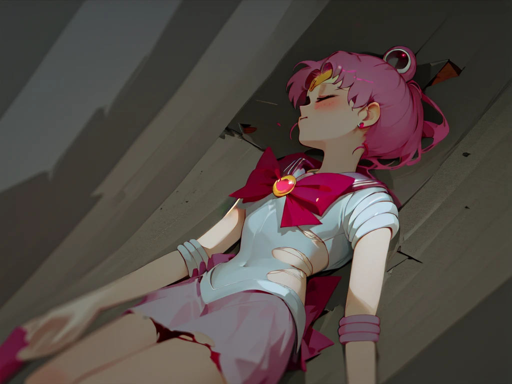 anime girl laying down on the ground, 1 girl, closed eyes, (torn clothes:1.3), white panty, chibiusa, sailor moon, dark atmosphere