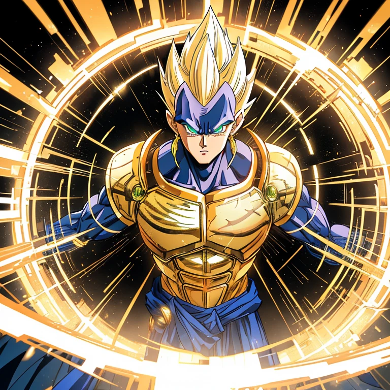 ((Mega detailed CG, 8k resolution))
Vegeta, standing tall with his powerful muscles bulging, is shown in the height of his Ultra Ego transformation. His Saiyan hair, usually slicked back in a tidy bun, is now wild and disheveled as it stands on end, radiating intense energy. His piercing green eyes are glowing with an otherworldly light, and his sharp, angular features are etched with deep furrows, reflecting the immense power coursing through his body.
His armor, once a conventional battle suit, has transformed into an intricately designed exoskeleton, covered in gold and metallic accents