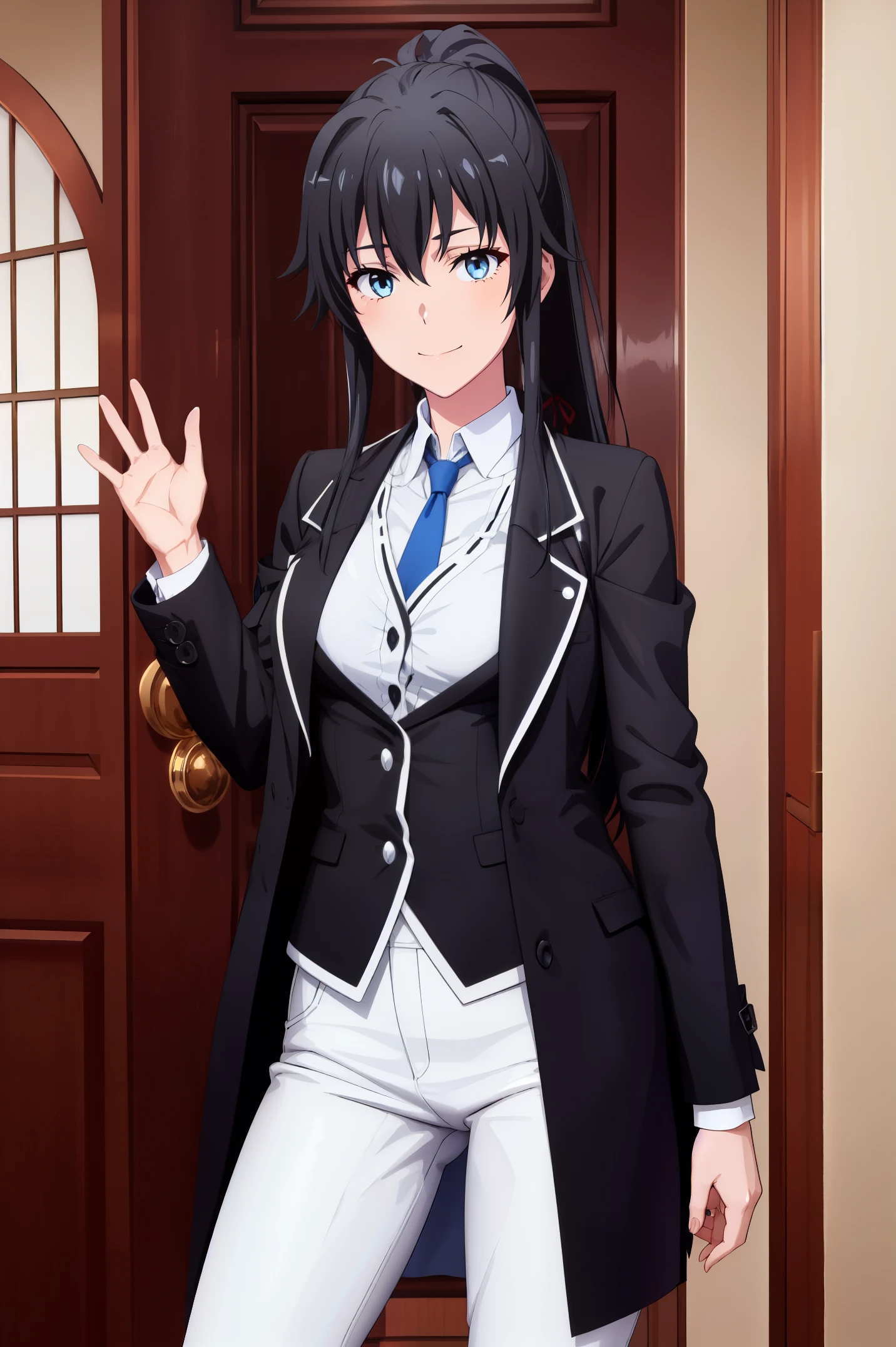 ((best quality)), ((masterpiece)), (detailed) 1girl 1girl, ;\), blurry, blurry_background, breasts, , hair_ponytail ribbon, looking_at_viewer, ok_sign, one_eye_closed, open_hand, Yukinoshita Yukino ,Woman wearing formal clothes, An attractive coat stands in a large gap in the room , 1girl, 独奏, blue necktie, Black hair, eyes blue, long hair, smile , collared shirt, white pants, white shirt , Elegantly designed coat , Stand in front of a window ,Perfectly tailored tailcoat. It has a stunning Victorian design and is made of lustrous fabric