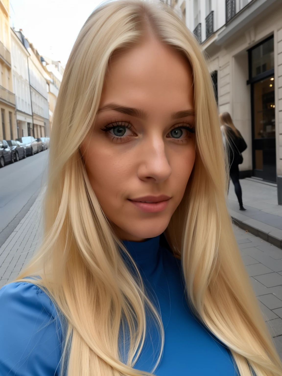 blonde woman with long straight hair and blue top on a city street, blonde swedish woman, blonde hair and large eyes, blonde hair blue eyes, beautiful blonde girl, blonde hair and blue eyes, a gorgeous blonde, long blonde hair and large eyes, a girl with blonde hair, blonde woman, 30-year-old french woman, blonde girl, blonde women