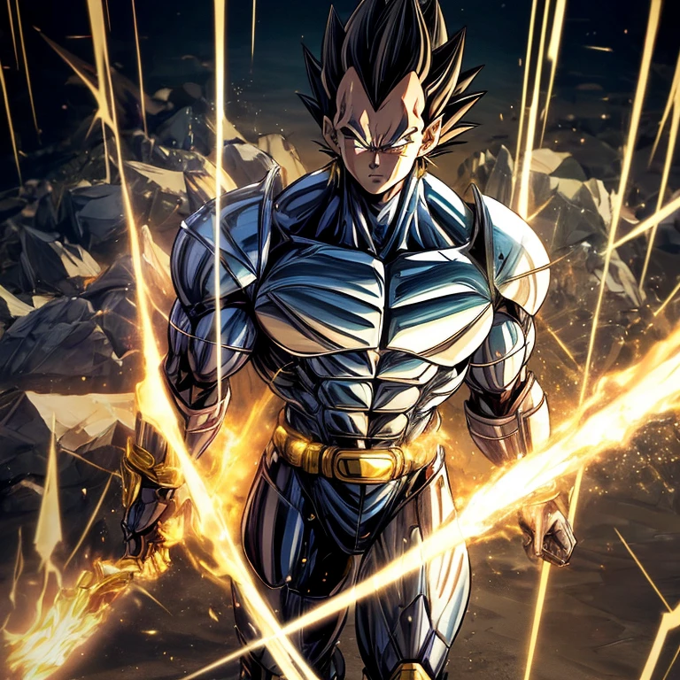 ((Mega detailed CG, 8k resolution))
Vegeta, standing tall with his powerful muscles bulging, is shown in the height of his Ultra Ego transformation. His Saiyan hair, usually slicked back in a tidy bun, is now wild and disheveled as it stands on end, radiating intense energy. His piercing green eyes are glowing with an otherworldly light, and his sharp, angular features are etched with deep furrows, reflecting the immense power coursing through his body.
His armor, once a conventional battle suit, has transformed into an intricately designed exoskeleton, covered in gold and metallic accents