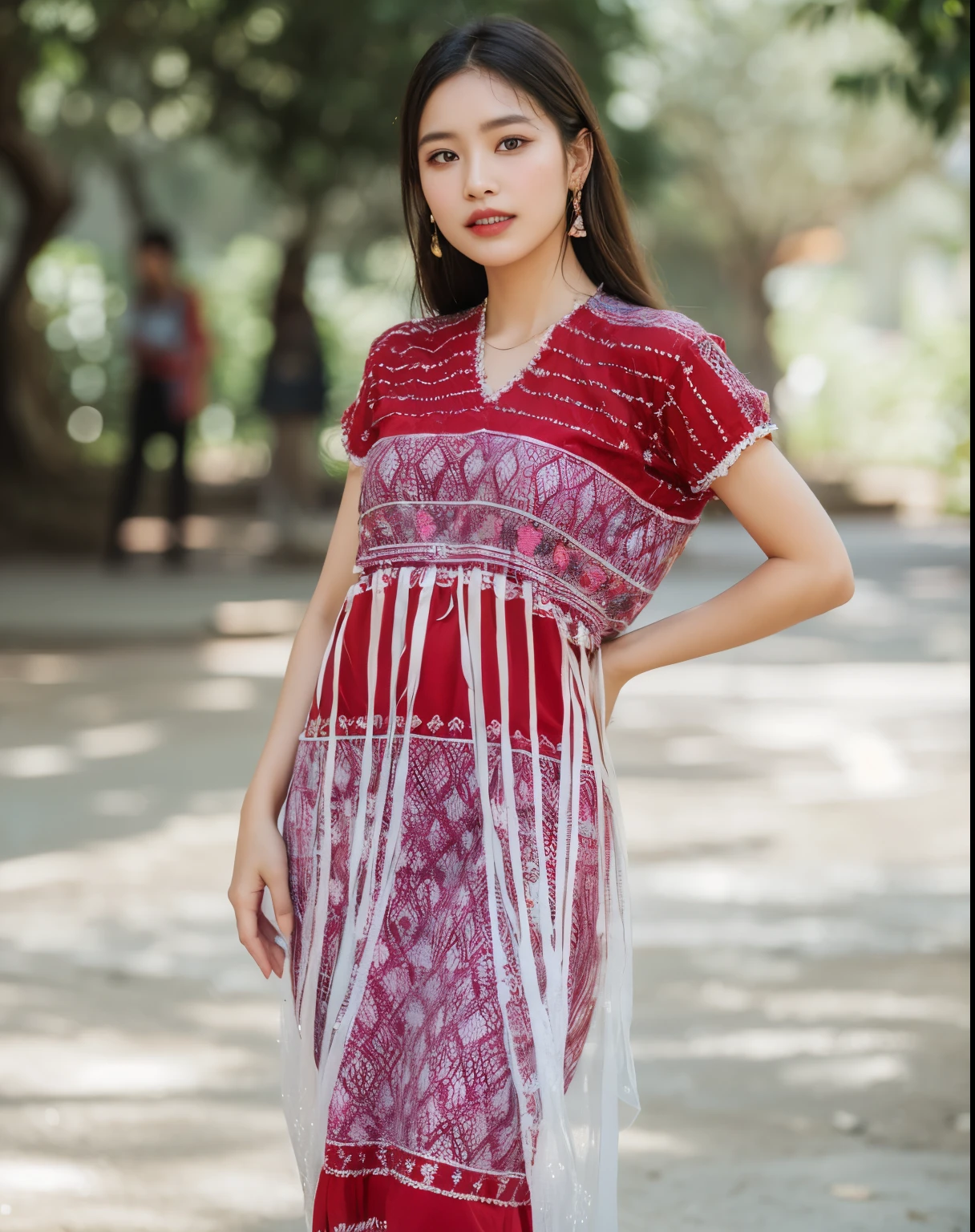Full-length, photorealistic portrait of a young Karen woman adorned in traditional attire.

Details:

Model: A beautiful young woman with captivating dimples, showcasing pride and confidence in her expression.
Attire: Exquisite Karen traditional costume, meticulously detailed with vibrant embroidery and intricate patterns. Include a full set of gold accessories: bangles, necklaces, and earrings.
Hairstyle: Messy bun hairstyle accentuated by a delicate floral crown, with a few strands of hair playfully framing the face.
Pose: Standing gracefully, hands gently clasped in front or holding the edge of the skirt with elegant poise.
Background: Scenic vista showcasing iconic Kayin landmarks, such as the Hpa-an caves or the Kelasa Pagoda, captured in soft focus to complement the portrait.
Lighting: Warm, natural light illuminating the woman's radiant skin and highlighting the intricate details of her costume and accessories.
Technical Specifications:
Resolution: 4K
Lens: Slight shallow depth of field for a cinematic effect
Color Grading: Subtle warm tones to enhance the natural beauty of the scene and subject
