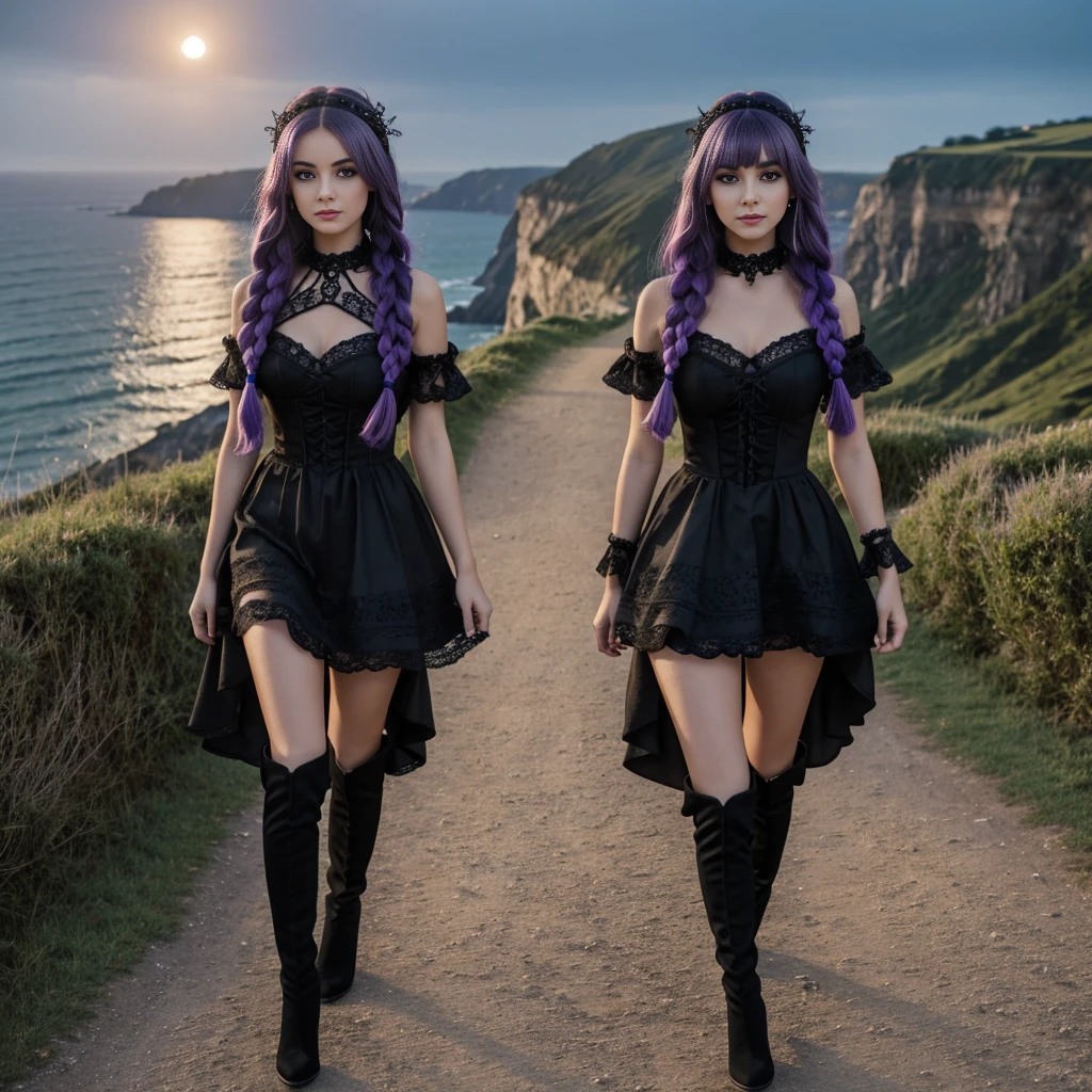 High definition vivid masterpiece,, Cute Goth loli young twin sisters walking, ice green big doll eyes very detailed and intricate, glowing eyes, eye shadow and eyeliner, elaborate braids, long purple hair, elaborate goth loli dress, detailed castle on high cliff overlooking rough ocean in background, night time, shafts of light, full moon, starry sky, playful smiling facial expression, high heeled thigh high boots,