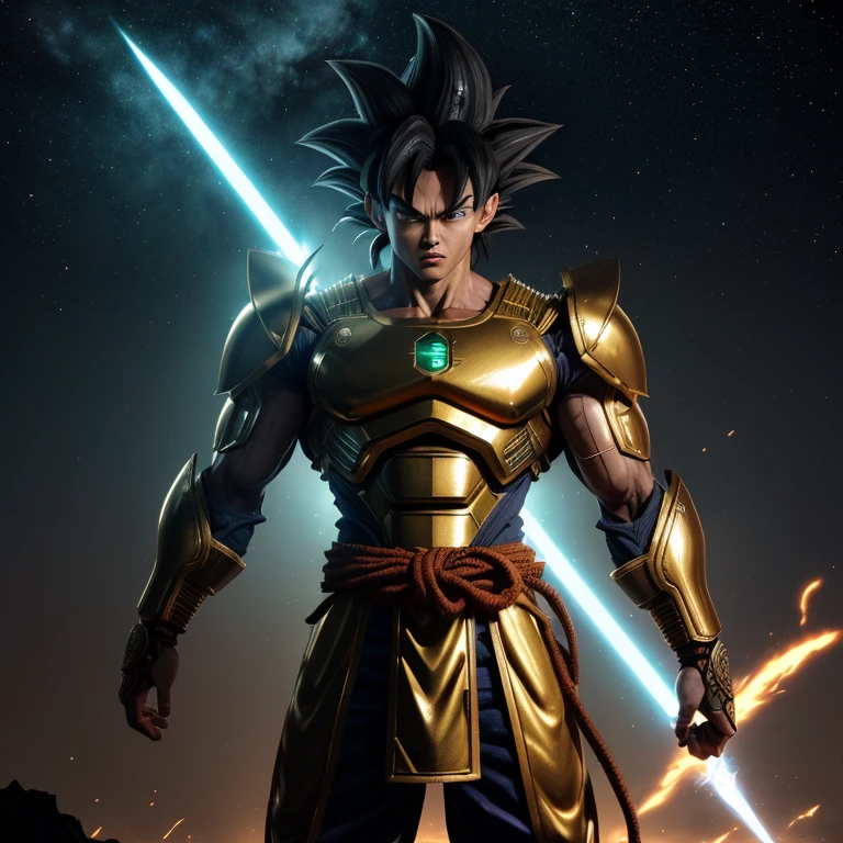 ((Mega detailed CG, 8k resolution))

Goku, standing tall with his powerful muscles bulging, is shown in the height of his Mastered Ultra Instinct transformation. His Saiyan hair, usually slicked back in a tidy bun, is now wild and disheveled as it stands on end, radiating intense energy. His piercing green eyes are glowing with an otherworldly light, and his sharp, angular features are etched with deep furrows, reflecting the immense power coursing through his body.

His armor, once a conventional battle suit, has transformed into an intricately designed exoskeleton, covered in gold and metallic accents