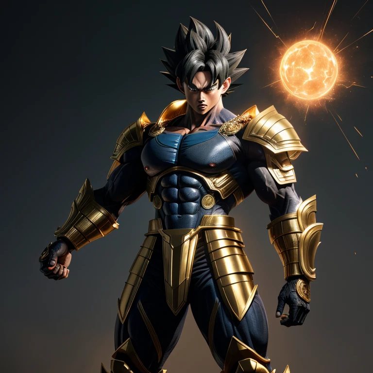 ((Mega detailed CG, 8k resolution))

Goku, standing tall with his powerful muscles bulging, is shown in the height of his Mastered Ultra Instinct transformation. His Saiyan hair, usually slicked back in a tidy bun, is now wild and disheveled as it stands on end, radiating intense energy. His piercing green eyes are glowing with an otherworldly light, and his sharp, angular features are etched with deep furrows, reflecting the immense power coursing through his body.

His armor, once a conventional battle suit, has transformed into an intricately designed exoskeleton, covered in gold and metallic accents