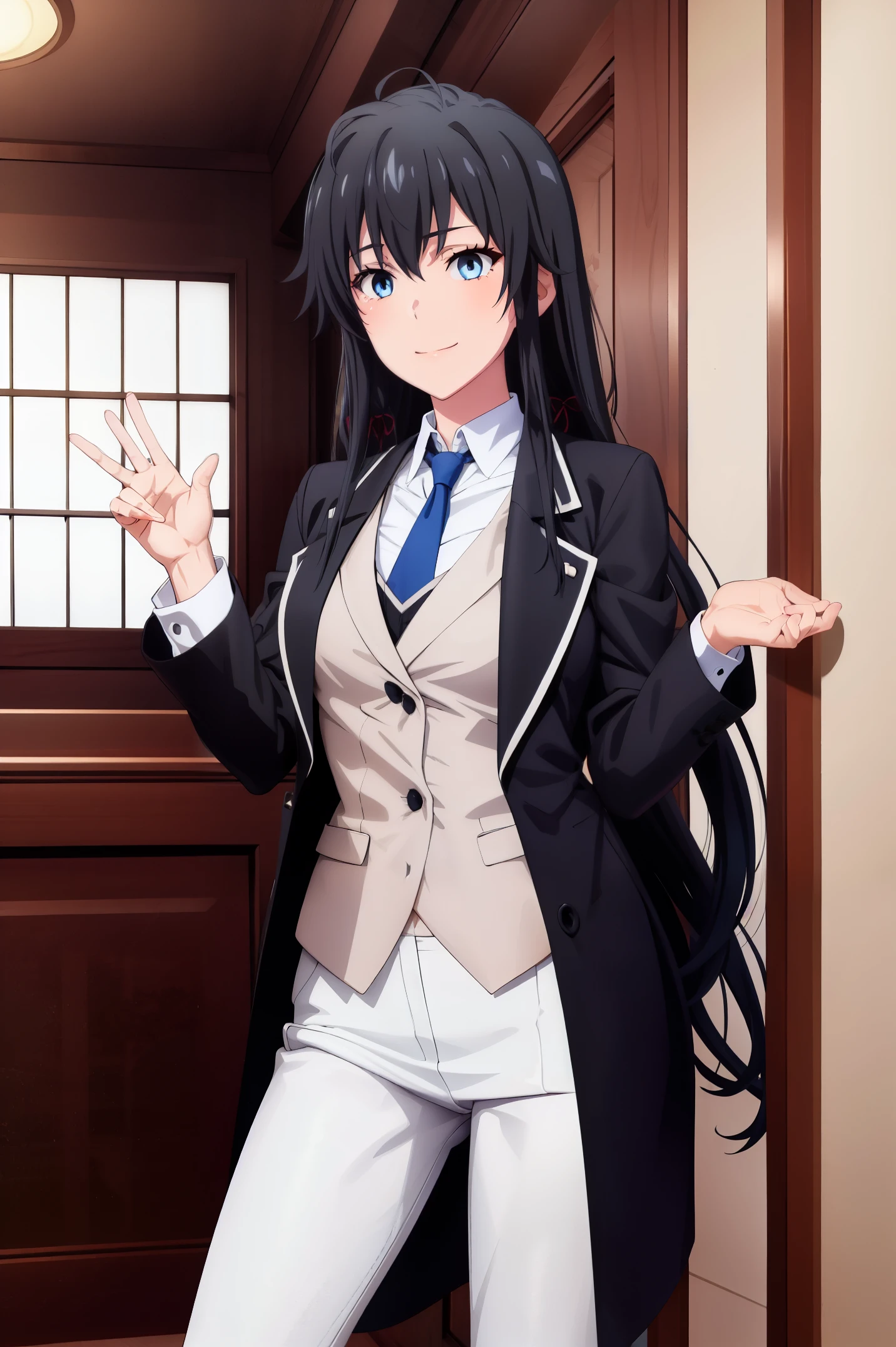 ((best quality)), ((masterpiece)), (detailed) 1girl 1girl, ;\), blurry, blurry_background, breasts, , hair_long, looking_at_viewer, ok_sign, one_eye_closed, open_hand, Yukinoshita Yukino ,Woman wearing formal clothes, An attractive coat stands in a large gap in the room , 1girl, 独奏, blue necktie, Black hair, eyes blue, long hair, smile , collared shirt, white pants, white shirt , Elegantly designed coat , Stand in front of a window ,Perfectly tailored tailcoat. It has a stunning Victorian design and is made of lustrous fabric