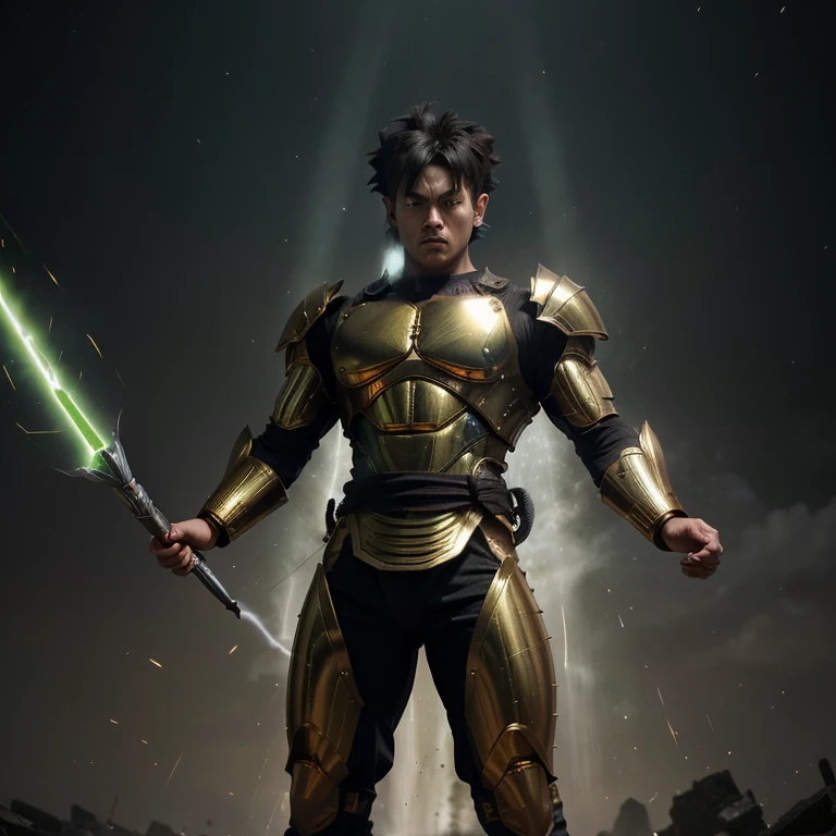 ((Mega detailed CG, 8k resolution))

Goku, standing tall with his powerful muscles bulging, is shown in the height of his Mastered Ultra Instinct transformation. His Saiyan hair, usually slicked back in a tidy bun, is now wild and disheveled as it stands on end, radiating intense energy. His piercing green eyes are glowing with an otherworldly light, and his sharp, angular features are etched with deep furrows, reflecting the immense power coursing through his body.

His armor, once a conventional battle suit, has transformed into an intricately designed exoskeleton, covered in gold and metallic accents