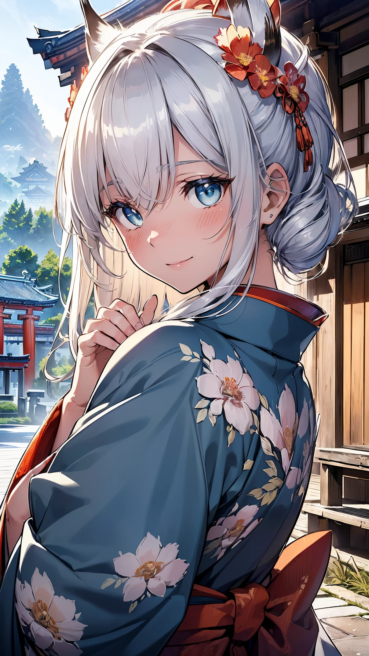 (((masterpiece))), (((highest quality))), ((ultra-detailed)), ((super fine illustration)), ((ultra-fine painting)), (upper body:1.6), HDR, (Highly detailed and delicate illustration style:1.8), detailed skin texture, detailed cloth texture, extreme detailed description, (T-masterpiece), (highly detailed face:1.2), (highly detailed shiny hair:1.2), (highly delicate clear eyes:1.2), original, RAW photo, professional, Intricate details, super details, direct light:1.6, (highly detailed hands:1.2), (highly detailed fingers:1.2), (highly detailed fingertips:1.2), (16-years-old), real, (Solo:1.5), (A very beautiful and cute silver fox girl with blue eyes wearing a bright red long-sleeved kimono with a floral pattern:1.4) BRAKE (Beautifu and adorable highly detailed and delicate silver fox ears:1.4), (Beautiful and well-shaped big breasts), (Beautiful and well-shaped buttocks), (Beautiful and shiny highly detailed and delicate silver hair up hair:1.4), (Beautiful clear and highly delicate blue eyes:1.6), (smile:1.3), (blush:1.4), (looking at viewer:1.4), Celebration, Very detailed, beautiful and perfect hands:1.4, Very detailed, beautiful and perfect fingers:1.4, Very detailed, beautiful and perfect fingertips:1.4, (perfect ???????:1.4) BRAKE (Bright red long-sleeved kimono with highly detailed floral pattern:1.4), (Japanese traditional costume:1.2) BRAKE (16K highest quality wallpaper:1.4), (Very detailed and beautiful Ise Grand Shrine in Mie Prefecture just after noon in winter in the background:1.6), standing in front of the torii gate:1.3, Celebration, Very detailed and beautiful Ise Grand Shrine:1.2, Very detailed and beautiful torii gate of Ise Shrine:1.2, Very detailed and beautiful grounds of Ise Shrine:1.2, Very beautiful in the sunny sky background just after noon:1.4 BRAKE 