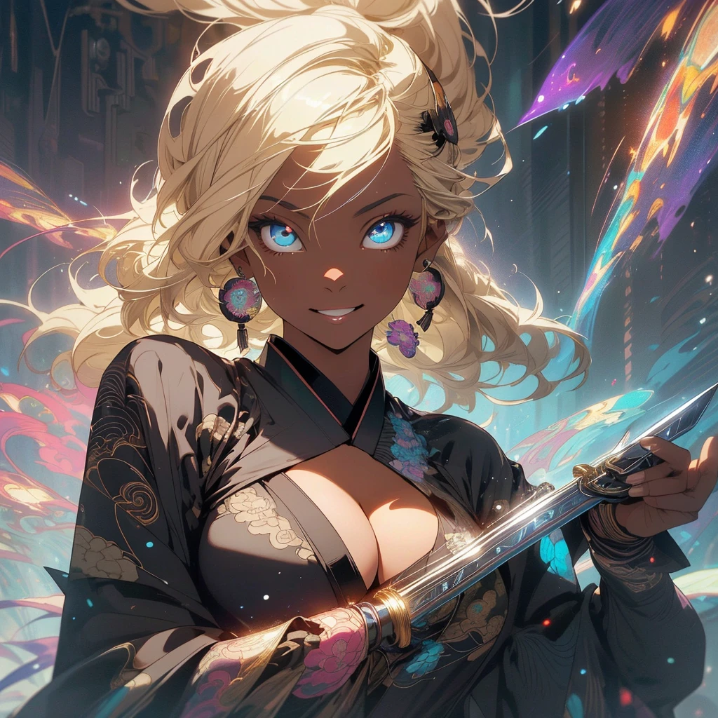 (((highest quality))),(((fine eyes))),(((32K))),(1 dark skinned girl),Fancy blonde,(tattoo),cyber punk,kimono,((luxurious and gorgeous)),shiny skin,earrings,Stylish costumes,((Super beautiful)),(perfect face),Japanese sword,ultimate texture,official art,Ukiyo-e,((stylish)),photograph,perfect body,smile,Bewitching,best image quality,super clear,genuine,fantasy,(Near the future),ninja,((perfect eyes)),big breasts,((Perfect cleavage)),highlight,挑発的なsmile,stick out tongue,Mechanical,mandala,Pouring rain,majestic,apotheosis,fractal art:(1.3),perfect lighting,colorful,((In underwear)),crow,