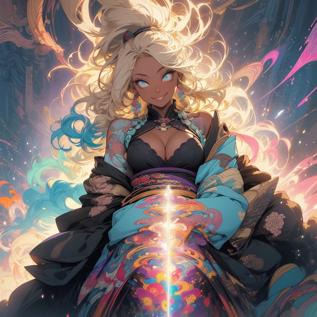 (((highest quality))),(((fine eyes))),(((32K))),(1 dark skinned girl),Fancy blonde,(tattoo),cyber punk,kimono,((luxurious and gorgeous)),shiny skin,earrings,Stylish costumes,((Super beautiful)),(perfect face),Japanese sword,ultimate texture,official art,Ukiyo-e,((stylish)),photograph,perfect body,smile,Bewitching,best image quality,super clear,genuine,fantasy,(Near the future),ninja,((perfect eyes)),big breasts,((Perfect cleavage)),highlight,挑発的なsmile,stick out tongue,Mechanical,mandala,Pouring rain,majestic,apotheosis,fractal art:(1.3),perfect lighting,colorful,((In underwear)),crow,