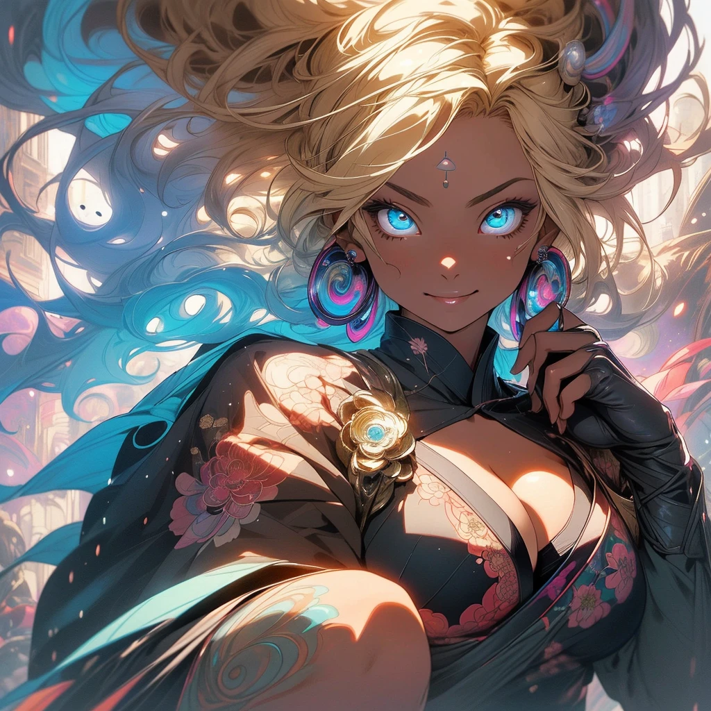 (((highest quality))),(((fine eyes))),(((32K))),(1 dark skinned girl),Fancy blonde,(tattoo),cyber punk,kimono,((luxurious and gorgeous)),shiny skin,earrings,Stylish costumes,((Super beautiful)),(perfect face),Japanese sword,ultimate texture,official art,Ukiyo-e,((stylish)),photograph,perfect body,smile,Bewitching,best image quality,super clear,genuine,fantasy,(Near the future),ninja,((perfect eyes)),big breasts,((Perfect cleavage)),highlight,挑発的なsmile,stick out tongue,Mechanical,mandala,Pouring rain,majestic,apotheosis,fractal art:(1.3),perfect lighting,colorful,((In underwear)),crow,