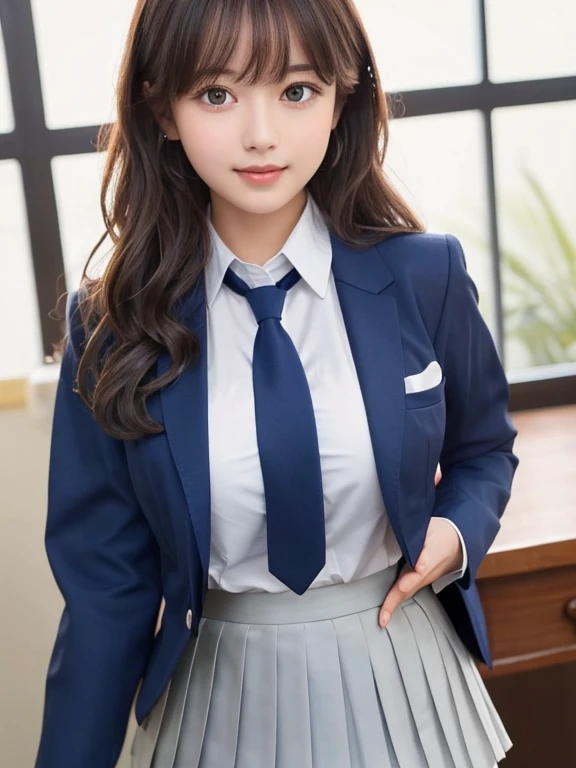 8K, highest quality, real image, intricate details, super detailed, Super high resolution, depth field,(realistic,realistic:1.2),table top , Frontal shot , From the middle , 1 girl, Eye_Chan, very beautiful 17 year old girl, innocent big eyes,、beautiful breasts:1.5、highly detailed eyes:1.2)、(beautiful breasts:1.1)、wavy hair、curly hair、bangs、, perfect skin, Fair skin, huge breasts, He puts his left hand on his chest over his clothes.、anxious look、cleavage, tight waist, light blush, alone, looking at the viewer, light smile, ((School_uniform),(dark blue blazer), (white shirt、Wearing a tie), (gray pleated skirt), (sculpture installation :1.1)

