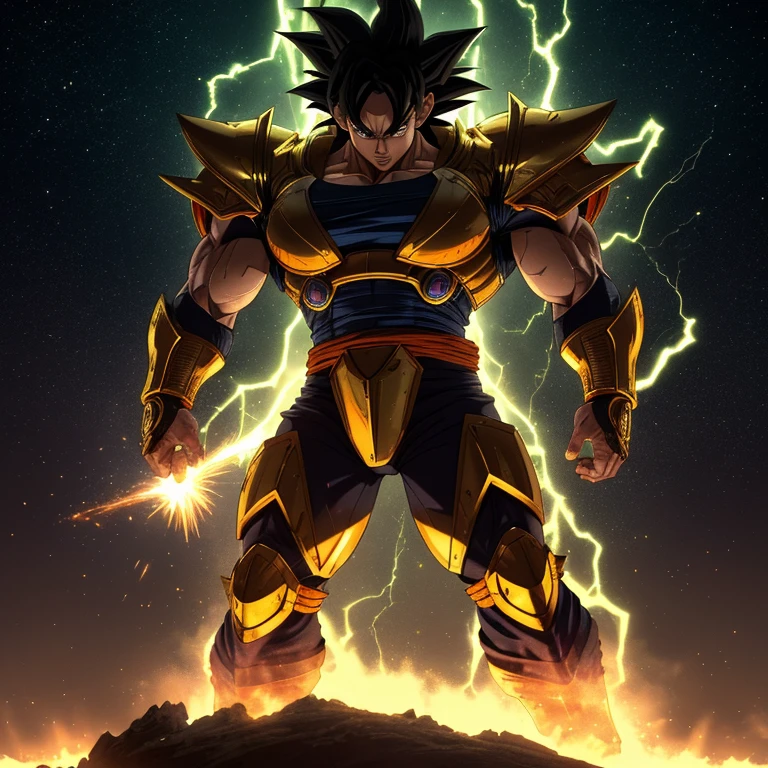 ((Mega detailed CG, 8k resolution))
Goku, standing tall with his powerful muscles bulging, is shown in the height of his Mastered Ultra Instinct transformation. His Saiyan hair, usually slicked back in a tidy bun, is now wild and disheveled as it stands on end, radiating intense energy. His piercing green eyes are glowing with an otherworldly light, and his sharp, angular features are etched with deep furrows, reflecting the immense power coursing through his body.
His armor, once a conventional battle suit, has transformed into an intricately designed exoskeleton, covered in gold and metallic accents