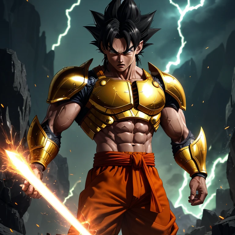 ((Mega detailed CG, 8k resolution))
Goku, standing tall with his powerful muscles bulging, is shown in the height of his Mastered Ultra Instinct transformation. His Saiyan hair, usually slicked back in a tidy bun, is now wild and disheveled as it stands on end, radiating intense energy. His piercing green eyes are glowing with an otherworldly light, and his sharp, angular features are etched with deep furrows, reflecting the immense power coursing through his body.
His armor, once a conventional battle suit, has transformed into an intricately designed exoskeleton, covered in gold and metallic accents