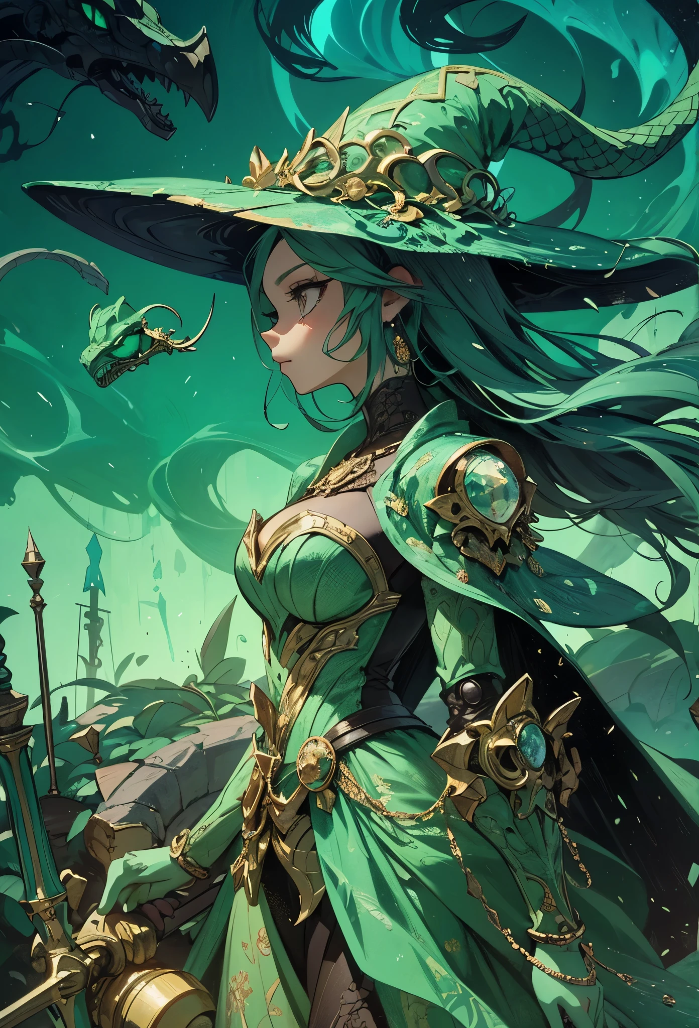 (detailed illustrations,Very detailed and precise drawing,Delicate drawn lines with tempo,Realistic texture expression),[color traced main line],(fantasy world battlefield [burning castle]),(ROBOT GIRL[snake woman[medusa]](Emerald Witch [witch hat [[Iron Mask]METALFACE[clear lenticular iris]]])[WEAPON MACHINE],(scaleで覆われたケープ [green crystal corset [snake chain [scale]]]),[Transparent material covering the body surface[clear green]],(Viper pattern),[Using a magic wand as a weapon],[[Mobile Weapon Gigant Size][science fiction mechanical]],(intricate and beautiful decoration [Dense detail]),[transparency],(Precisely drawn face)[完璧な目のdetailed(Beautifully detailed iris)[eyes like jewels]],[long and beautiful eyelashes],[precisely drawn hair [美しく艷やかな髪のdetailed]],(完璧な手のdetailed [Beautiful fingers with no damage [beautiful nails]]),(perfect anatomy(perfectly balanced proportions))[[full body portrait]],[ideal color coordination(Accurate simulation of light and material interactions)],([Precision Detail](detailed,High definition)),[Visual art that tells a story].