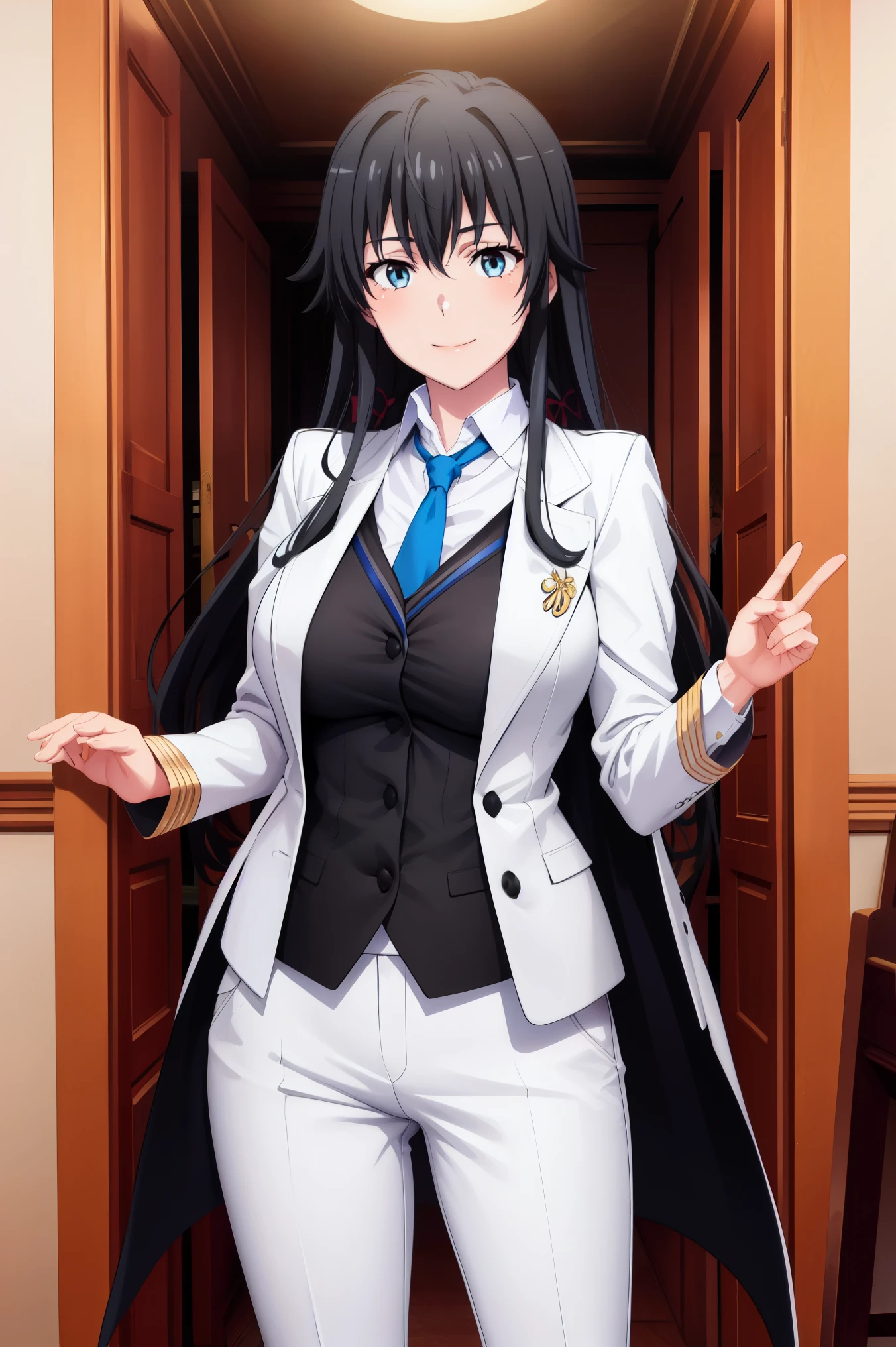 ((best quality)), ((masterpiece)), (detailed) 1girl 1girl, ;\), blurry, blurry_background, breasts, , hair_long, looking_at_viewer, ok_sign, one_eye_closed, open_hand, Yukinoshita Yukino ,Woman wearing formal clothes, An attractive coat stands in a large gap in the room , 1girl, 独奏, blue necktie, Black hair, eyes blue, long hair, smile , collared shirt, white pants, white shirt , Elegantly designed coat , Stand in front of a window ,Perfectly tailored tailcoat. It has a stunning Victorian design and is made of lustrous fabric