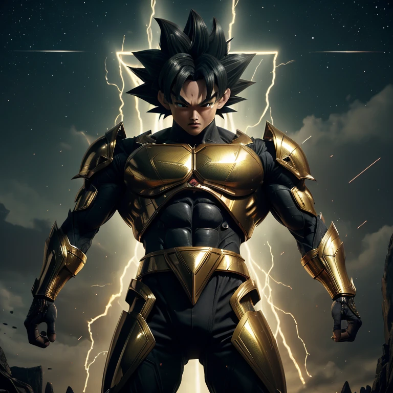((Mega detailed CG, 8k resolution))
Goku, standing tall with his powerful muscles bulging, is shown in the height of his Mastered Ultra Instinct transformation. His Saiyan hair, usually slicked back in a tidy bun, is now wild and disheveled as it stands on end, radiating intense energy. His piercing green eyes are glowing with an otherworldly light, and his sharp, angular features are etched with deep furrows, reflecting the immense power coursing through his body.
His armor, once a conventional battle suit, has transformed into an intricately designed exoskeleton, covered in gold and metallic accents