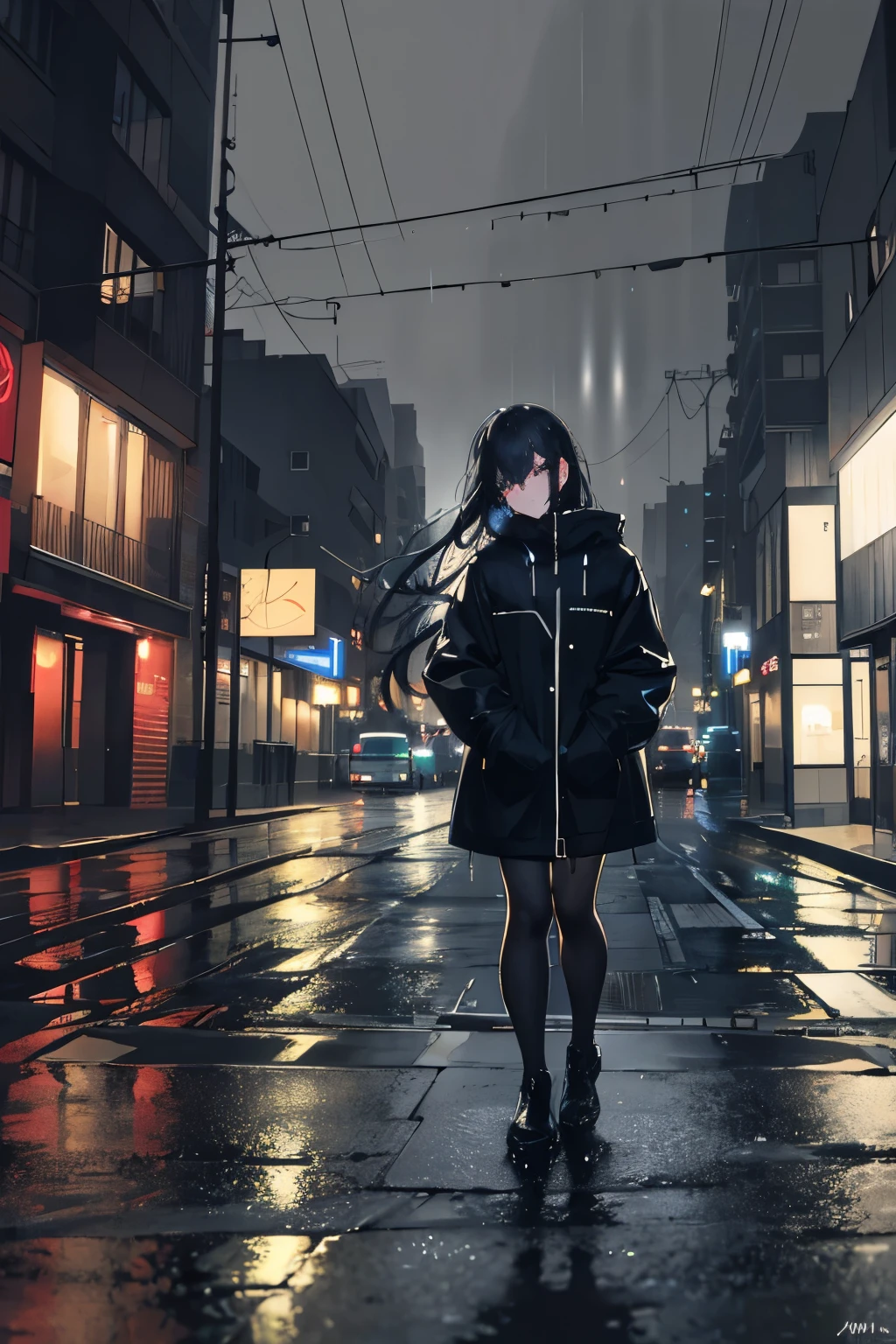 (best quality,4k,8k,highres,masterpiece:1.2),ultra-detailed,(realistic,photorealistic,photo-realistic:1.37),portrait,night city,rain,coat,hands in pockets,lonely,beautiful,reflective street,city lights,curved alley,vibrant colors,dark atmosphere,twinkling raindrops,misty streetlights,shimmering reflections,soft shadows,glowing neon signs,loose hair blowing in the wind,bold makeup,expressive eyes,wet pavement,urban solitude,moody ambiance,subtle melancholy,emotional depth,gentle breeze,cityscape silhouette,puddles reflecting cityscape,cozy warmth in the cold night,blurred background lights,streets glistening with rain,serene and mysterious ambiance,contrast of bright and dark areas,mysterious urban beauty,artistically blurred rain streaks,majestic night skyline,gritty textures,contemplative expression.