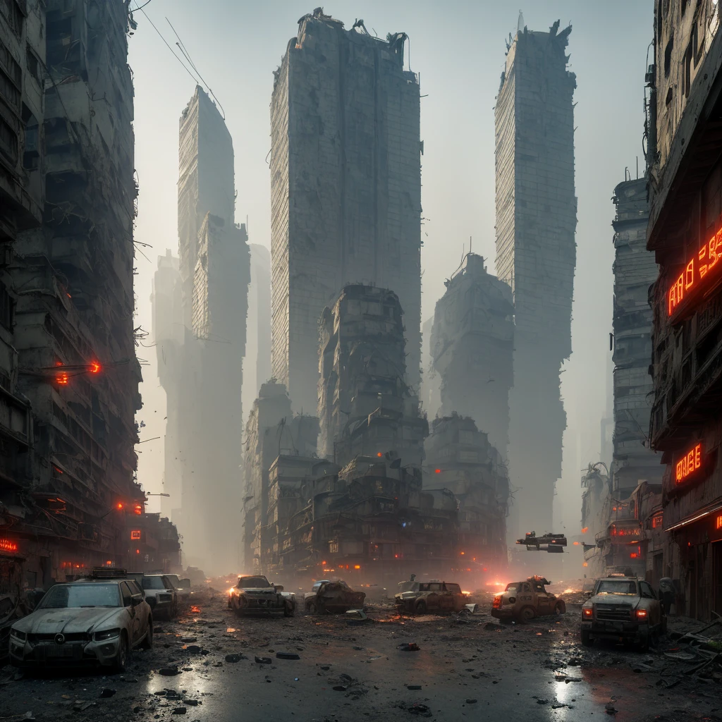 A dystopian vision of Earth in 1000 years, high-tech concrete jungle, polluted atmosphere, post-apocalyptic ruins, towering skyscrapers, crumbling infrastructure, abandoned cars, glowing neon lights, heavy smog, advanced robotics, flying drones, holographic billboards, armed security forces, overcrowded streets, surveillance cameras, vast income disparity, cyborg-like humans, oppressive government control, underground resistance movements, a sense of despair, and faded hope. (best quality,4k,8k,highres,masterpiece:1.2), ultra-detailed, (realistic,photorealistic,photo-realistic:1.37), HDR, UHD, studio lighting, extreme detail description, professional, vivid colors, gritty color palette, futuristic lighting effects.