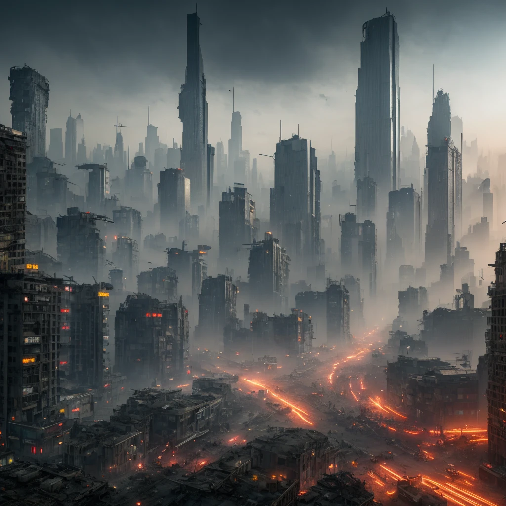 A dystopian vision of Earth in 1000 years, high-tech concrete jungle, polluted atmosphere, post-apocalyptic ruins, towering skyscrapers, crumbling infrastructure, abandoned cars, glowing neon lights, heavy smog, advanced robotics, flying drones, holographic billboards, armed security forces, overcrowded streets, surveillance cameras, vast income disparity, cyborg-like humans, oppressive government control, underground resistance movements, a sense of despair, and faded hope. (best quality,4k,8k,highres,masterpiece:1.2), ultra-detailed, (realistic,photorealistic,photo-realistic:1.37), HDR, UHD, studio lighting, extreme detail description, professional, vivid colors, gritty color palette, futuristic lighting effects.