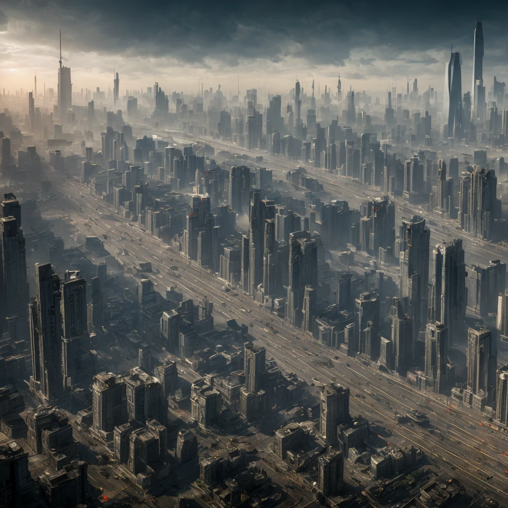 A dystopian vision of Earth in 1000 years, high-tech concrete jungle, polluted atmosphere, post-apocalyptic ruins, towering skyscrapers, crumbling infrastructure, abandoned cars, glowing neon lights, heavy smog, advanced robotics, flying drones, holographic billboards, armed security forces, overcrowded streets, surveillance cameras, vast income disparity, cyborg-like humans, oppressive government control, underground resistance movements, a sense of despair, and faded hope. (best quality,4k,8k,highres,masterpiece:1.2), ultra-detailed, (realistic,photorealistic,photo-realistic:1.37), HDR, UHD, studio lighting, extreme detail description, professional, vivid colors, gritty color palette, futuristic lighting effects.