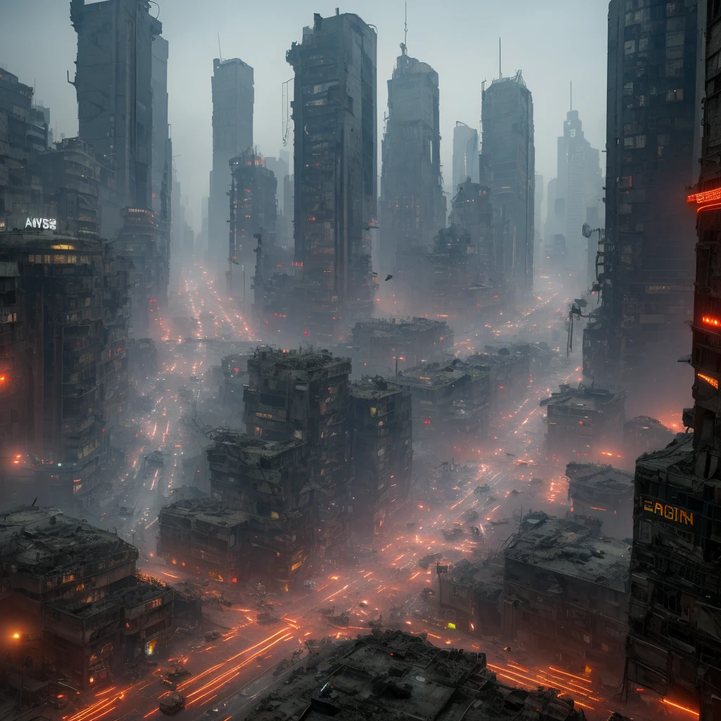 A dystopian vision of Earth in 1000 years, high-tech concrete jungle, polluted atmosphere, post-apocalyptic ruins, towering skyscrapers, crumbling infrastructure, abandoned cars, glowing neon lights, heavy smog, advanced robotics, flying drones, holographic billboards, armed security forces, overcrowded streets, surveillance cameras, vast income disparity, cyborg-like humans, oppressive government control, underground resistance movements, a sense of despair, and faded hope. (best quality,4k,8k,highres,masterpiece:1.2), ultra-detailed, (realistic,photorealistic,photo-realistic:1.37), HDR, UHD, studio lighting, extreme detail description, professional, vivid colors, gritty color palette, futuristic lighting effects.