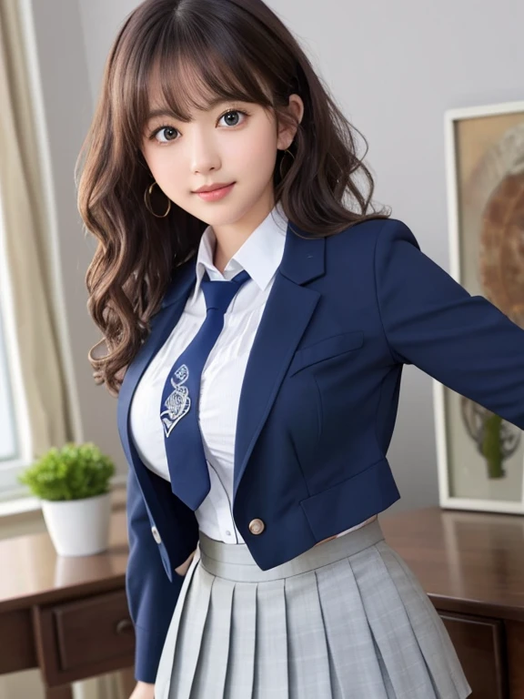 8K, highest quality, real image, intricate details, super detailed, Super high resolution, depth field,(realistic,realistic:1.2),table top , Frontal shot , From the middle , 1 girl, Eye_Chan, very beautiful 17 year old girl, innocent big eyes,、beautiful breasts:1.5、highly detailed eyes:1.2)、(beautiful breasts:1.1)、wavy hair、curly hair、bangs、, perfect skin, Fair skin, huge breasts, His left hand is placed on his bust over his clothes.、anxious look、cleavage, tight waist, light blush, alone, looking at the viewer, light smile, ((School_uniform),(dark blue blazer), (white shirt、Wearing a tie), (gray pleated skirt), (sculpture installation :1.1)