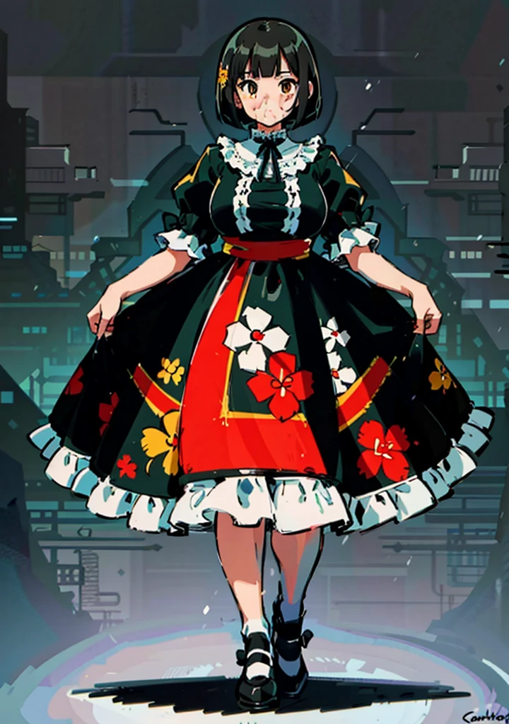 1 girl, ((masterpiece, side light, beautiful eyes: 1.2), Super detailed, ultra high resolution, professional lighting, high quality make up, beautiful detailed eyes), (highest quality:0.8), perfect anime illustrinion, beautiful, flin color background, simple background, whole body , looking for_in_viewer, 一人in, (whole body:1.5), (black hair:1.2), dark brown eyes, (big breasts:1.2), 一人in,Wasachiri, Huasachina, sash, puffy dress, dress, Puffy short sleeves, pantyhose, black shoes, Floral, print dress, put your hands on your hips, handkerchief,tof, (asymmetric bob cut:1.1),(low length:1.1),(Chubby:1.2),(おinこ:1.2),(boobs for days:1.2),(huge boobs:1.2),(short legs)