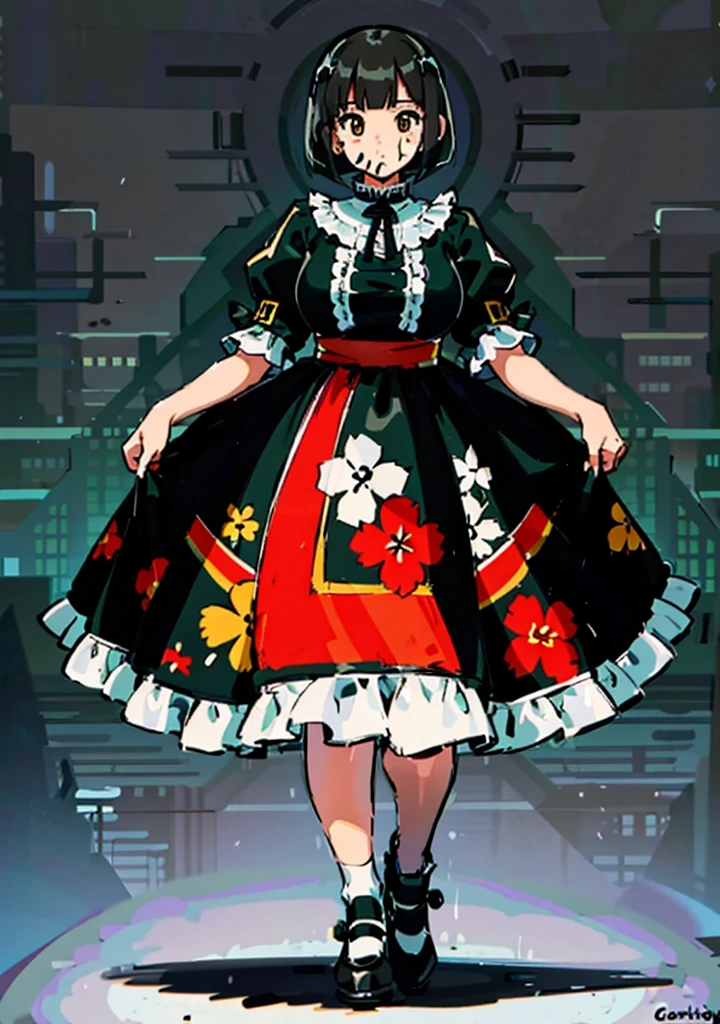 1 girl, ((masterpiece, side light, beautiful eyes: 1.2), Super detailed, ultra high resolution, professional lighting, high quality make up, beautiful detailed eyes), (highest quality:0.8), perfect anime illustrinion, beautiful, flin color background, simple background, whole body , looking for_in_viewer, 一人in, (whole body:1.5), (black hair:1.2), dark brown eyes, (big breasts:1.2), 一人in,Wasachiri, Huasachina, sash, puffy dress, dress, Puffy short sleeves, pantyhose, black shoes, Floral, print dress, put your hands on your hips, handkerchief,tof, (asymmetric bob cut:1.1),(low length:1.1),(Chubby:1.2),(おinこ:1.2),(boobs for days:1.2),(huge boobs:1.2),(short legs)