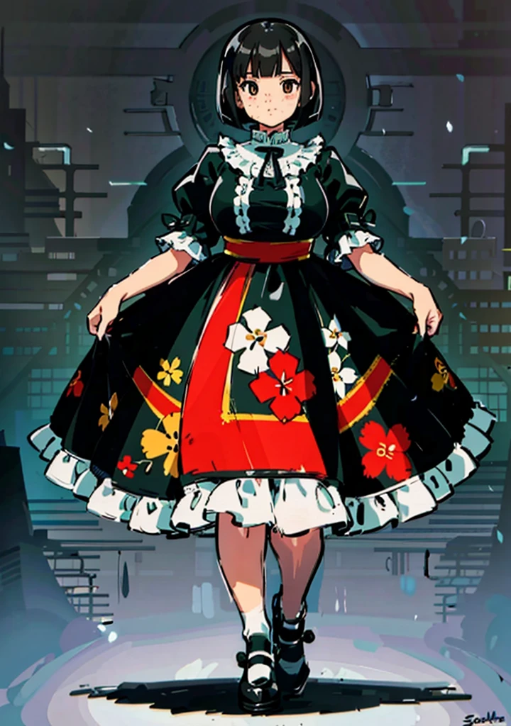 1 girl, ((masterpiece, side light, beautiful eyes: 1.2), Super detailed, ultra high resolution, professional lighting, high quality make up, beautiful detailed eyes), (highest quality:0.8), perfect anime illustrinion,  beautiful, flin color background, simple background, whole body ,  looking for_in_viewer, 一人in, (whole body:1.5), (black hair:1.2), dark brown eyes, (big breasts:1.2), 一人in,Wasachiri, Huasachina,  sash, puffy dress, dress, Puffy short sleeves, pantyhose, black shoes, Floral, print dress, put your hands on your hips, handkerchief,tof, (asymmetric bob cut:1.1),(low length:1.1),(Chubby:1.2),(おinこ:1.2),(boobs for days:1.2),(huge boobs:1.2),(short legs)