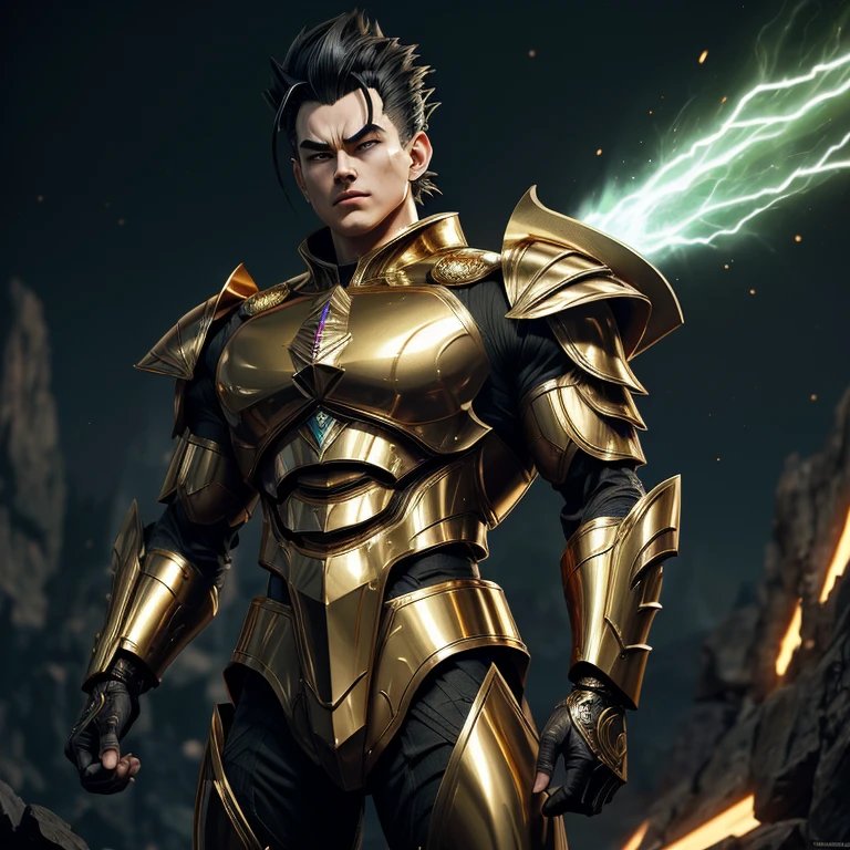 ((Mega detailed CG, 8k resolution))
Gohan, standing tall with his powerful muscles bulging, is shown in the height of his Gohan Beast transformation. His Saiyan hair, usually slicked back in a tidy bun, is now wild and disheveled as it stands on end, radiating intense energy. His piercing green eyes are glowing with an otherworldly light, and his sharp, angular features are etched with deep furrows, reflecting the immense power coursing through his body.
His armor, once a conventional battle suit, has transformed into an intricately designed exoskeleton, covered in gold and metallic accents