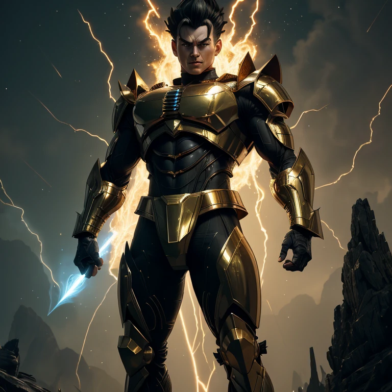 ((Mega detailed CG, 8k resolution))
Gohan, standing tall with his powerful muscles bulging, is shown in the height of his Gohan Beast transformation. His Saiyan hair, usually slicked back in a tidy bun, is now wild and disheveled as it stands on end, radiating intense energy. His piercing green eyes are glowing with an otherworldly light, and his sharp, angular features are etched with deep furrows, reflecting the immense power coursing through his body.
His armor, once a conventional battle suit, has transformed into an intricately designed exoskeleton, covered in gold and metallic accents