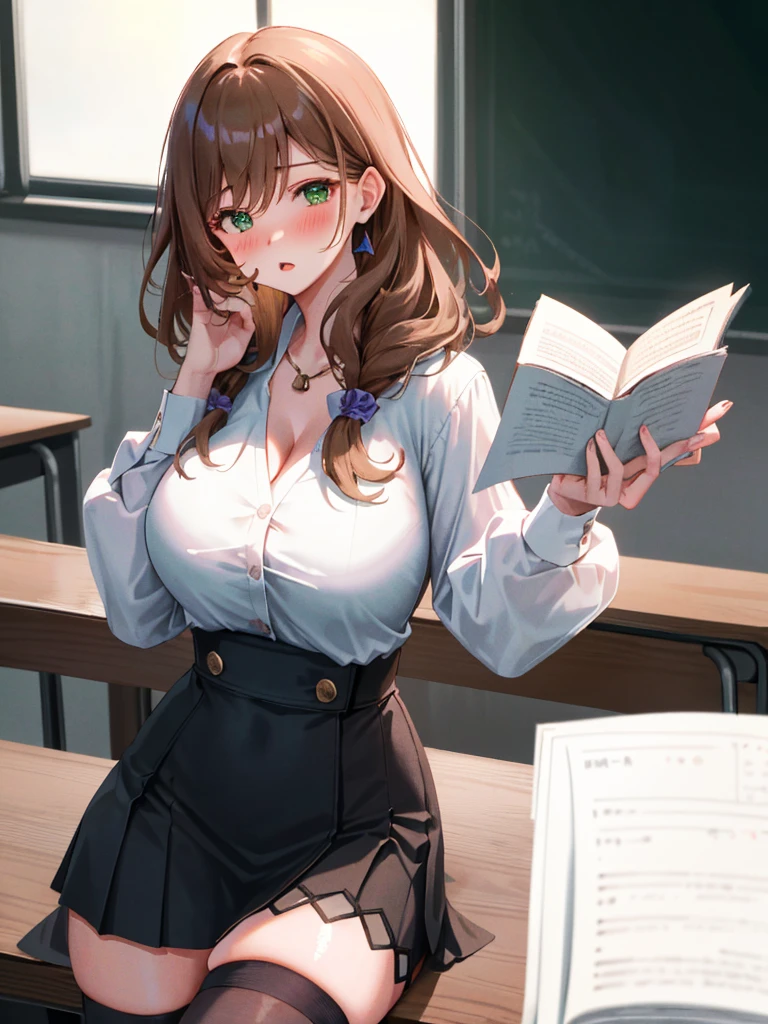 ((blush:1.2)), Lisa, genshin impact, 1 girl, alone, ((white shirt)), black Thighhighs, huge breasts, cleavage, uniform, office background, very short black pleated skirt, office, hair between eyes, messy hair, long hair, brown hair, red short nails, green eyes, alone, Thighhighs, thighs, very long hair, ((masterpiece)), classroom, table, Chair, board, class board, Teaching, adult woman, open your mouth a little, I can see through my clothes, Curvaceous, put your hands behind your head, cowboy shot,