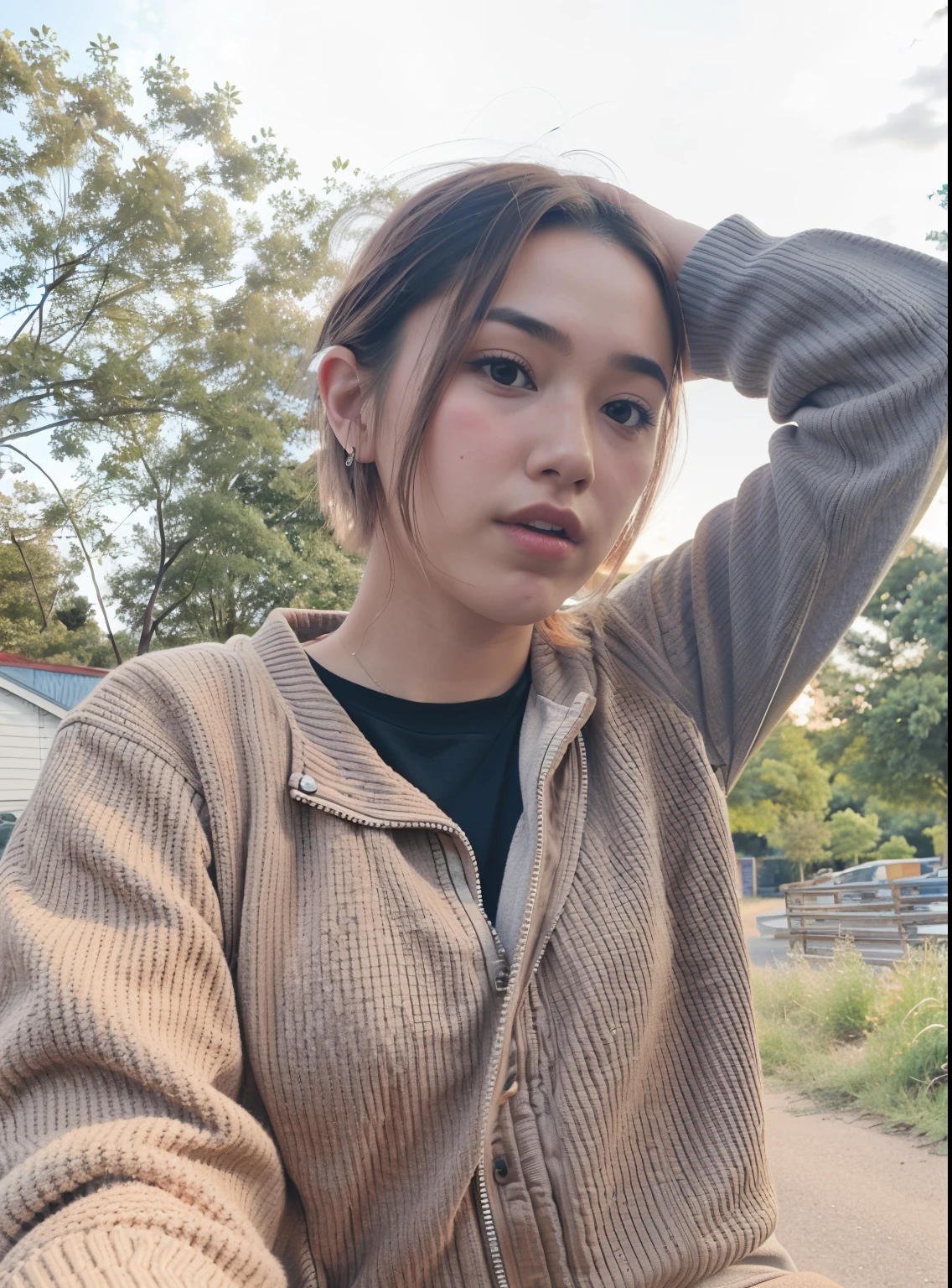 there is a woman that is sitting on a motorcycle with her hand on her head, with short hair, 8k selfie photograph, potrait, portrait shot 8 k, taken at golden hour, shot on canon eos r5, shot on canon eos r 5, with round face, with long hair, shot on nikon z9, frontal picture, satisfied pose, picture,nude