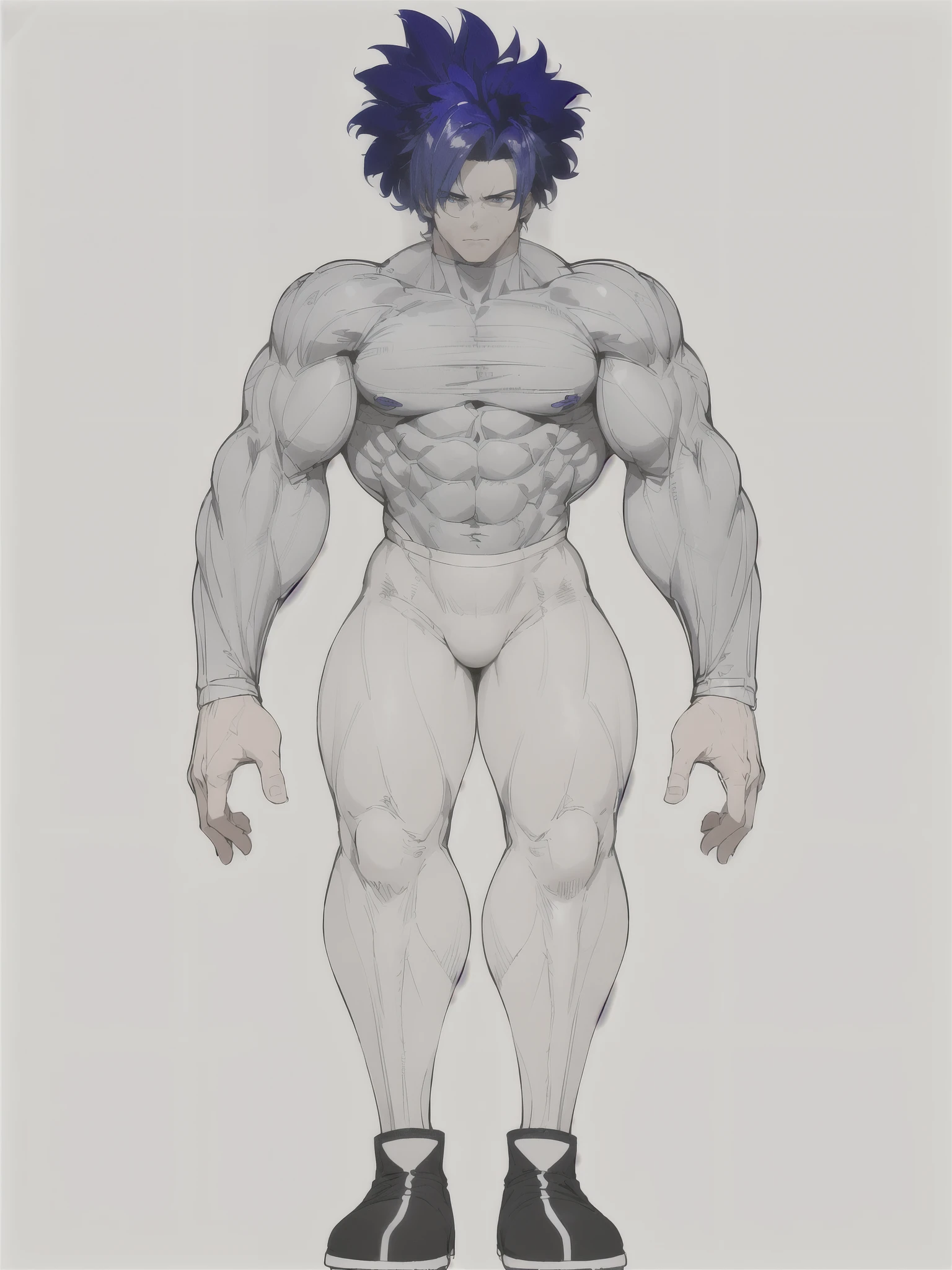 ((best quality, masterpiece, highres)),1man, very muscular, very defined mucles, blue hair, blue eyes, pretty tall, wearing a tight gray shirt and a tight white pants, black and white boots, serious facial expressions, thick muscular neck