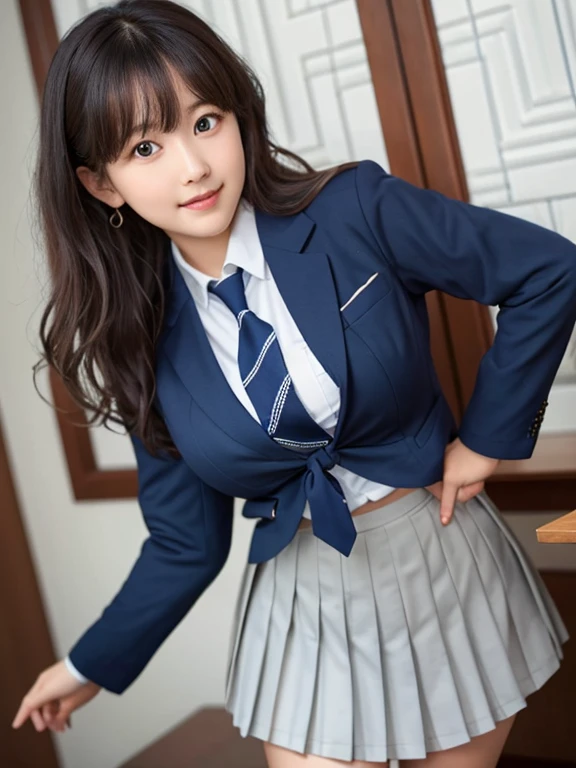 8K, highest quality, real image, intricate details, super detailed, Super high resolution, depth field,(realistic,realistic:1.2),table top , Frontal shot , From the middle , 1 girl, Eye_Chan, very beautiful 17 year old girl, innocent big eyes,、beautiful breasts:1.5、highly detailed eyes:1.2)、(beautiful breasts:1.1)、wavy hair、curly hair、bangs、, perfect skin, Fair skin, huge breasts, Grabbing her own breasts over her clothes、anxious look、cleavage, tight waist, light blush, alone, looking at the viewer, light smile, ((School_uniform),(dark blue blazer), (white shirt、Wearing a tie), (gray pleated skirt), (sculpture installation :1.1)
