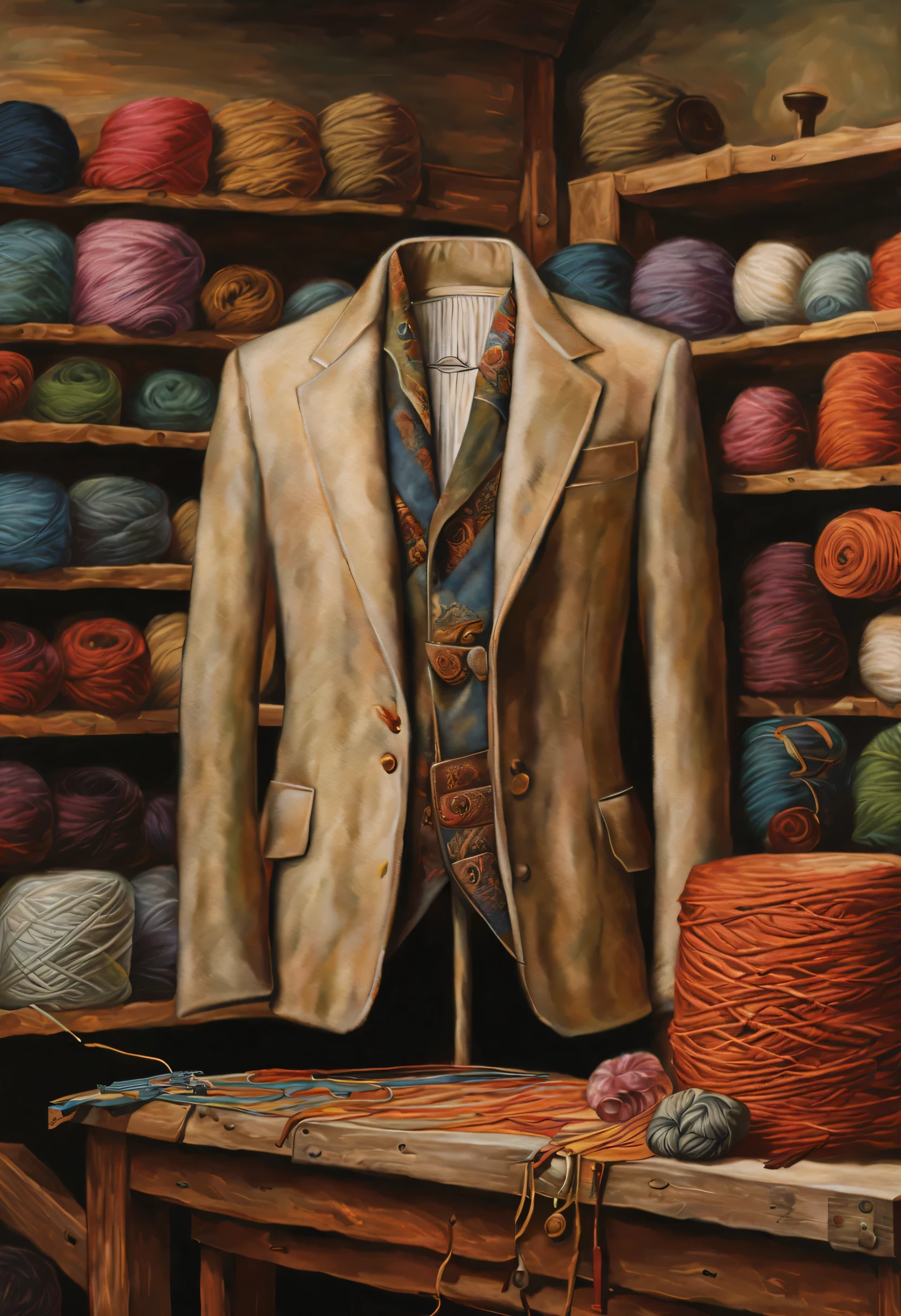 a painting of wool yarn pulley object on the center, pulley wear an expensive blazer jacket upside made from weaving wool yarn, in the background blurry weaving loom , ultrarealistic, advertisement retouch collage, amazing magazine cover, Small painting by Jean-Baptiste Monge,