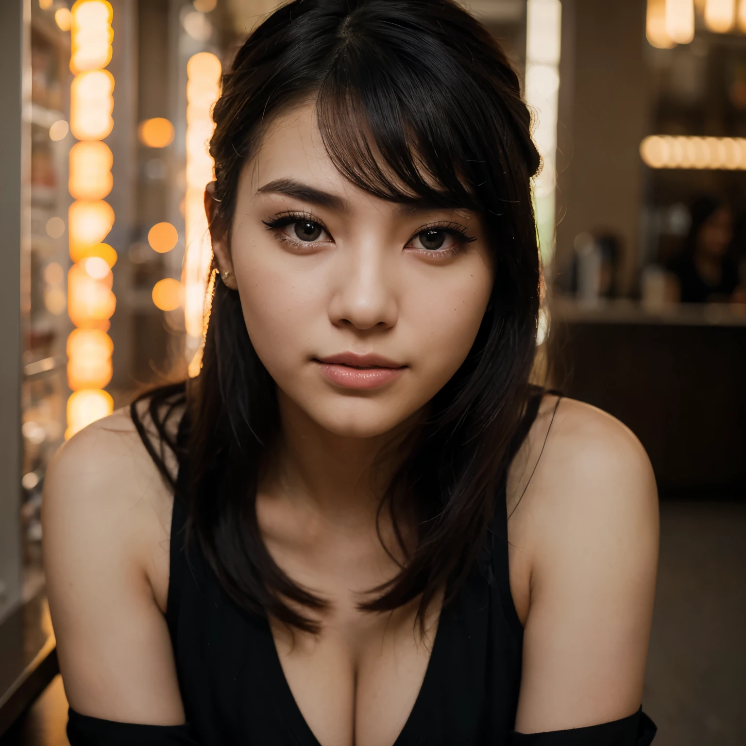 photo of black hair female, sharp face lines, skinny face, beautiful slim face, black long hair, beautiful dimples cheeks, slim beautiful japanese face, beautiful face, beautiful nose, masterpiece, high resolution, 21 years old, busty female, nice skin, american mixed japanese ethnic female, bright neon lights, blurred background, vibrant neon purple smokey lights background, police cosplay uniform, confident pose, long shot, wide lens, fashion photoshoot