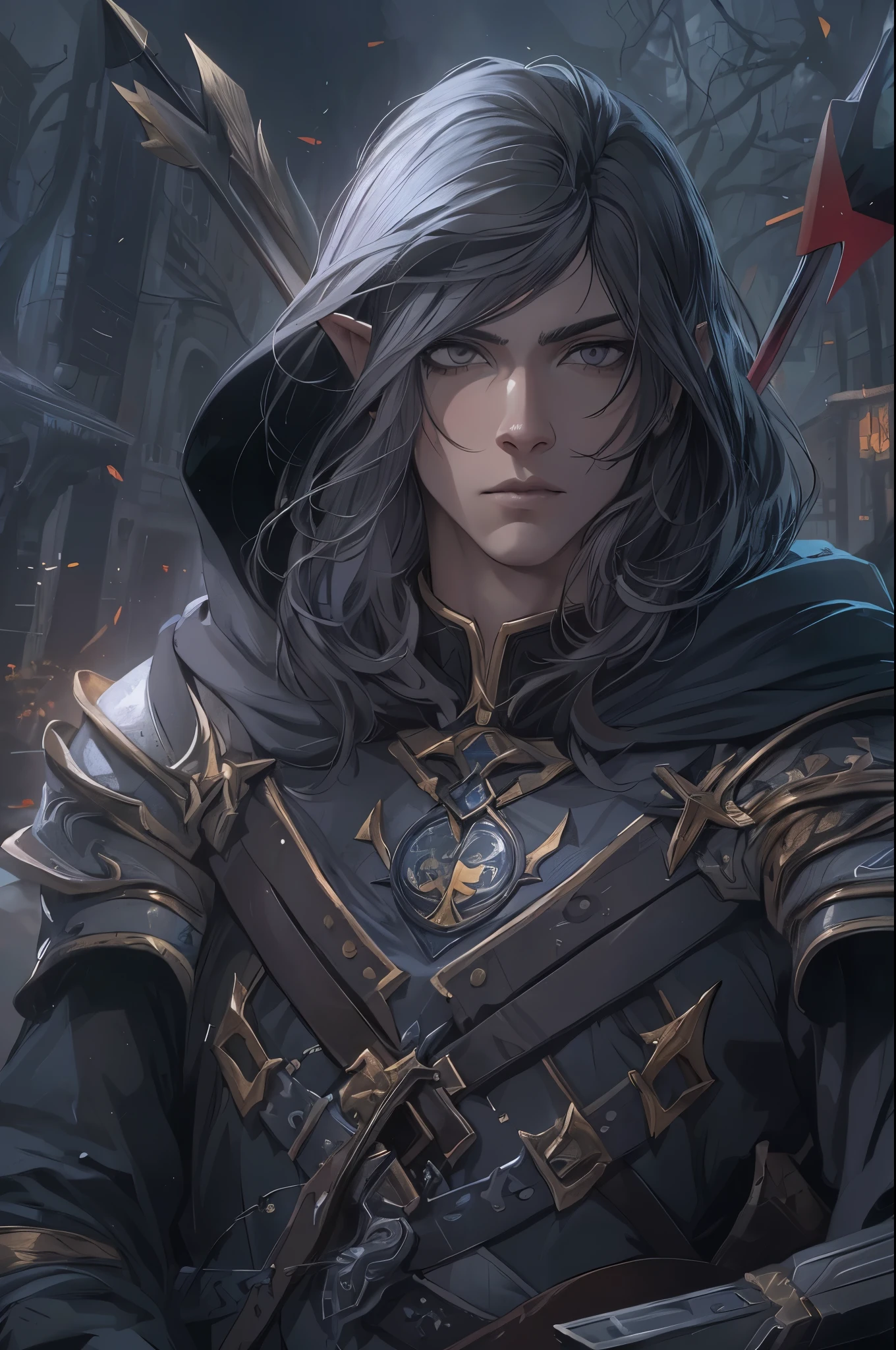 high elf. light elf, Male,male:1.5,1 male, (Male,muscle,1 boy, 1 boy,chest,male chest,muscular), 35 year old male,((1Male,1 Male,1male,male,Male gender :1.5,handsome male,Male focus)),(((elf))), (((elf ears))), high elf, light elf, pointed ears, (((Pale_gray_eyes:1.3))), complex eyes ,beautiful detailed eyes,symmetrical eyes,(light skin), multicolored hair, long hair, (Black hair, grey hair: 5:2), young handsome Male,Ideal body,ideal face,((detailed face)), expressive eyes,serious face,(ultra detailed:1.3), beautiful detailed glow, finely detailed, ultra-detailed, (black armor, overcoat, thermal underwear, archer, Ranger, (Dark-blue cape with hood: 1.2, dark-blue_cape, hood)),((complex outfit,complex clothes)),((quiver with arrows :1.5,quiver of arrows:1.5)), (dynamic pose:1.0),mocking serious attitude,(Centered,scaled to size,Rule of Thirds),with dark storm clouds,spring,landscape:1.25 ,((blossoming forest background)),High definition,sharp focus,(ultra detailed,Extremely detailed),(photorealistic work:1.37),(Extremely detailed CG unity 8k wallpaper),(((Vivid colors,vivid theme ))),(complex),(Masterpiece),(Best quality), (fullbody)