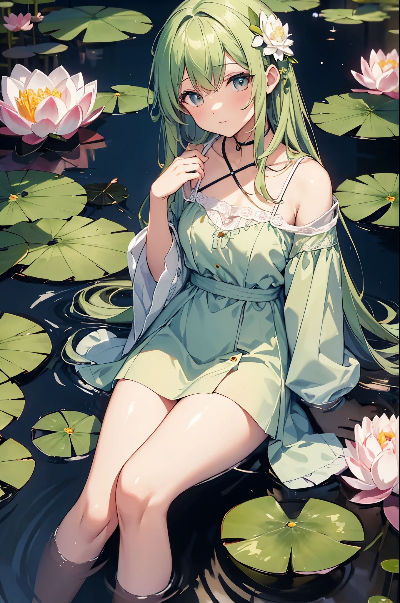 There is a girl sitting on a leaf, (white clothes), fresh color scheme, there is a plush toy, Guvez style artwork, popular on cgstation, illustrated by Li Song, soft anime, lying on a water lily mat, sitting on a lotus flower, cute and meticulous digital art, cute art style, in the pond, Yang J, cute digital art, Guvitz, sitting by the pond