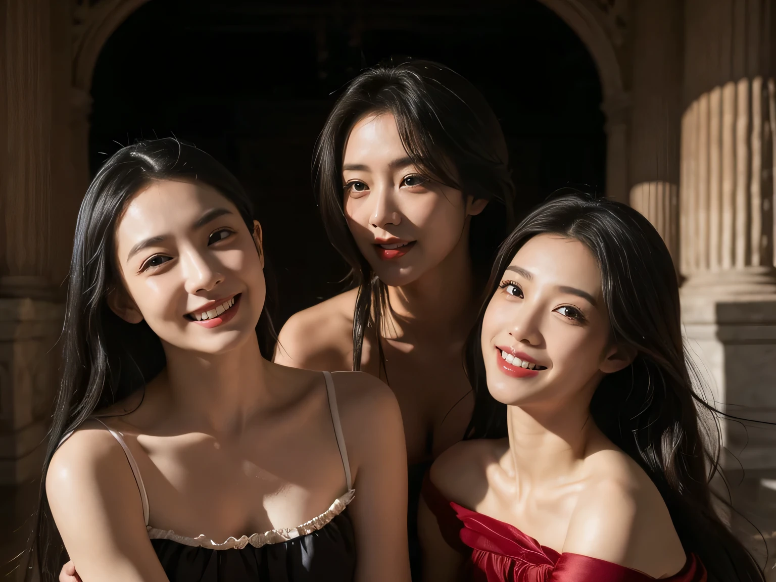 Ancient Roman scenery in the style of Nicolas Poussin,A smile,,Sweet and seductive appearance.、Caravaggio's paintings、Chiaroscuro of Caravaggio、Hair disheveled in the wind,Two women frolicking,Cute smile, Expression of ecstasy,A sexy,erotic