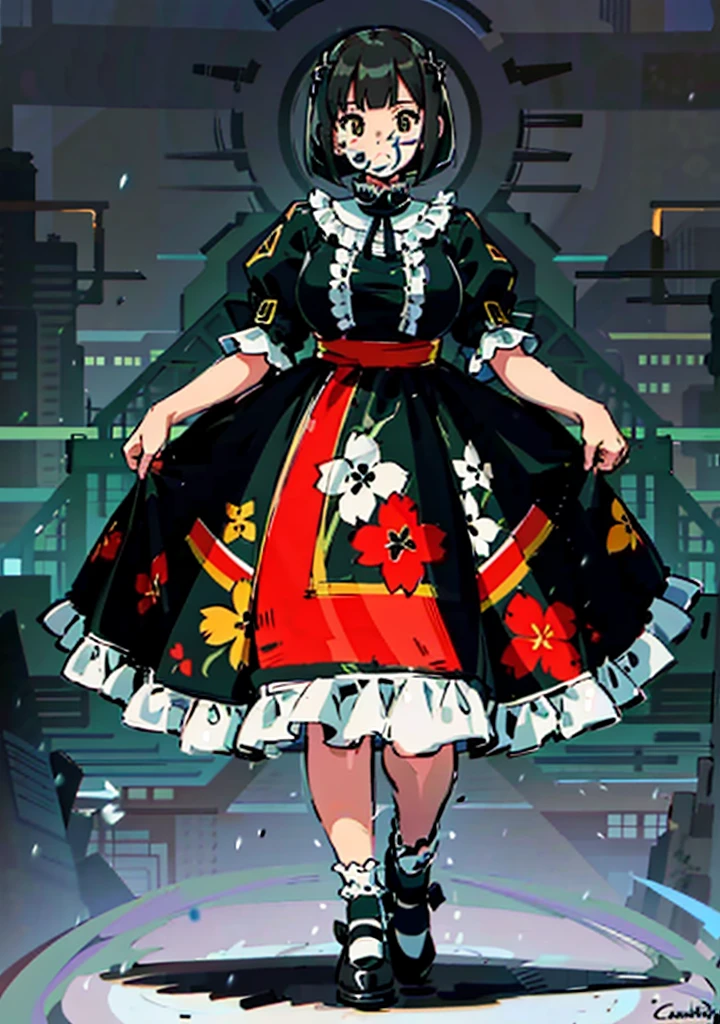 1 girl, ((masterpiece, side light, beautiful eyes: 1.2), Super detailed, ultra high resolution, professional lighting, high quality make up, beautiful detailed eyes), (highest quality:0.8), perfect anime illustrinion, beautiful, flin color background, simple background, whole body , looking for_in_viewer, 一人in, (whole body:1.5), (black hair:1.2), dark brown eyes, (big breasts:1.2), 一人in,Wasachiri, Huasachina, sash, puffy dress, dress, Puffy short sleeves, pantyhose, black shoes, Floral, print dress, put your hands on your hips, handkerchief,tof, (asymmetric bob cut:1.1),(low length:1.1),(Chubby:1.2),(おinこ:1.2),(boobs for days:1.2),(huge boobs:1.2),(short legs)