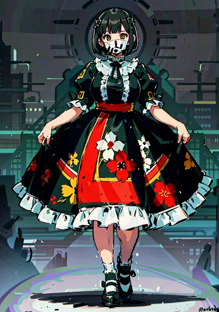 1 girl, ((masterpiece, side light, beautiful eyes: 1.2), Super detailed, ultra high resolution, professional lighting, high quality make up, beautiful detailed eyes), (highest quality:0.8), perfect anime illustrinion,  beautiful, flin color background, simple background, whole body ,  looking for_in_viewer, 一人in, (whole body:1.5), (black hair:1.2), dark brown eyes, (big breasts:1.2), 一人in,Wasachiri, Huasachina,  sash, puffy dress, dress, Puffy short sleeves, pantyhose, black shoes, Floral, print dress, put your hands on your hips, handkerchief,tof, (asymmetric bob cut:1.1),(low length:1.1),(Chubby:1.2),(おinこ:1.2),(boobs for days:1.2),(huge boobs:1.2),(short legs)