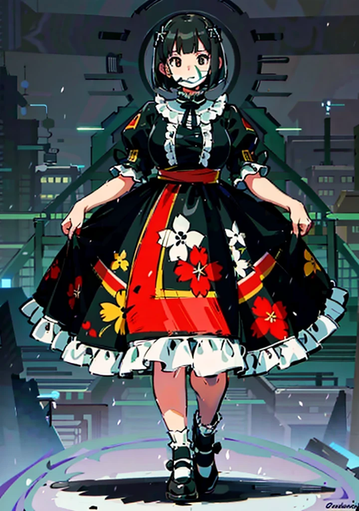 1 girl, ((masterpiece, side light, beautiful eyes: 1.2), Super detailed, ultra high resolution, professional lighting, high quality make up, beautiful detailed eyes), (highest quality:0.8), perfect anime illustrinion, beautiful, flin color background, simple background, whole body , looking for_in_viewer, 一人in, (whole body:1.5), (black hair:1.2), dark brown eyes, (big breasts:1.2), 一人in,Wasachiri, Huasachina, sash, puffy dress, dress, Puffy short sleeves, pantyhose, black shoes, Floral, print dress, put your hands on your hips, handkerchief,tof, (asymmetric bob cut:1.1),(low length:1.1),(Chubby:1.2),(おinこ:1.2),(boobs for days:1.2),(huge boobs:1.2),(short legs)