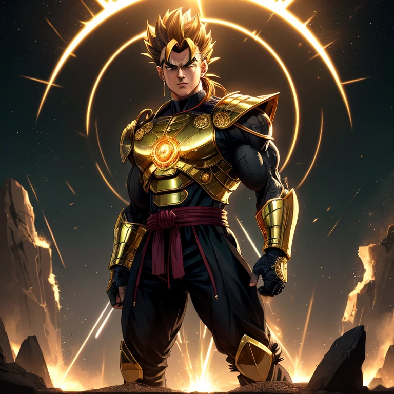 ((Mega detailed CG, 8k resolution))
Gohan, standing tall with his powerful muscles bulging, is shown in the height of his Beast transformation. His Saiyan hair, usually slicked back in a tidy bun, is now wild and disheveled as it stands on end, radiating intense energy. His piercing green eyes are glowing with an otherworldly light, and his sharp, angular features are etched with deep furrows, reflecting the immense power coursing through his body.
His armor, once a conventional battle suit, has transformed into an intricately designed exoskeleton, covered in gold and metallic accents