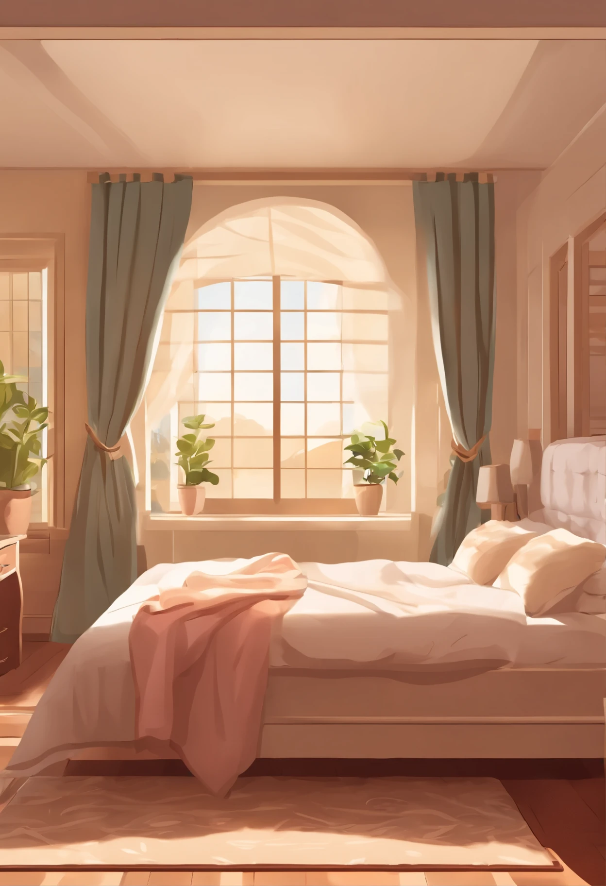 Create a scenario for a woman's bedroom with bed and towels, window, Sunlight, anime style, vector graphics, cartoon
