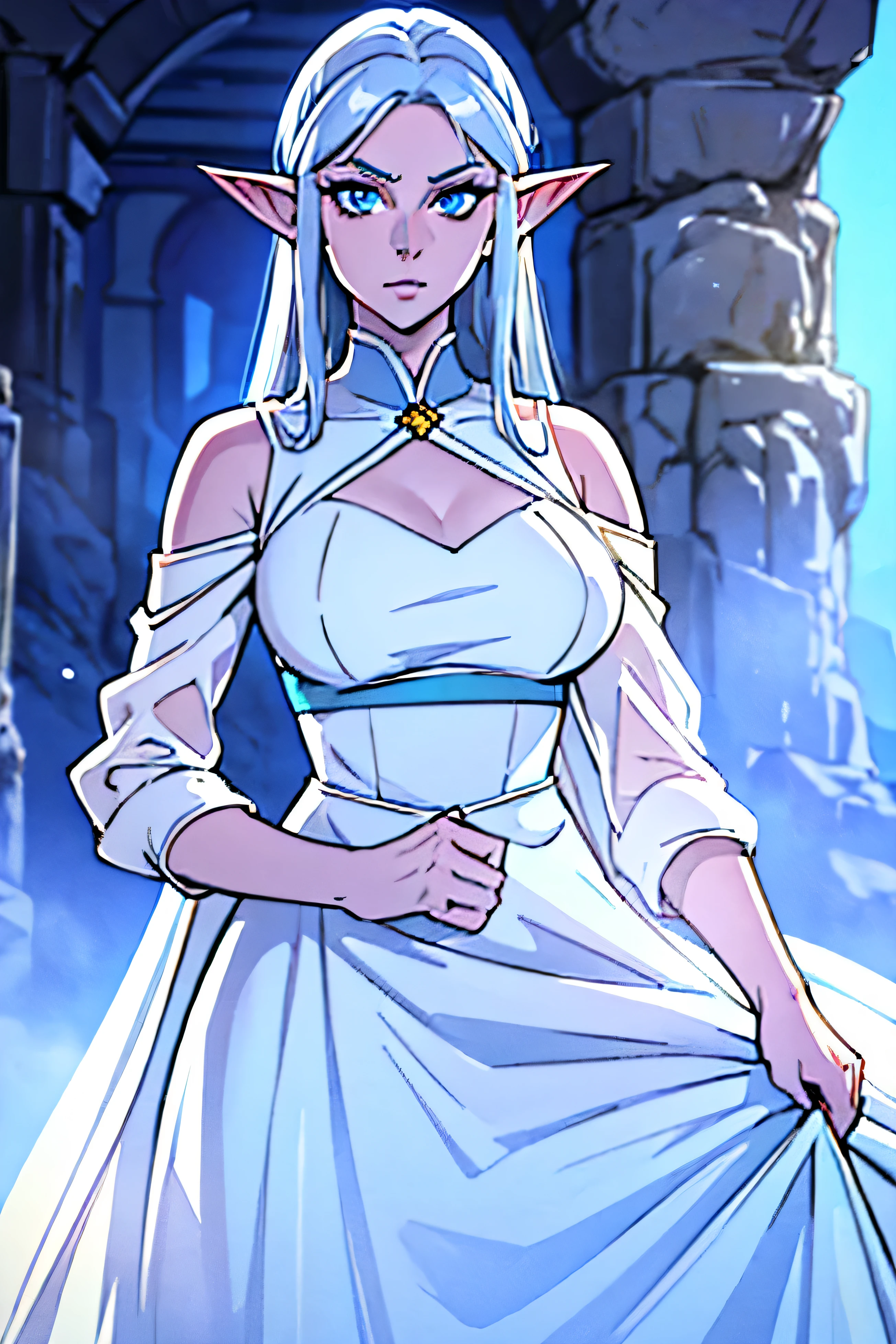 (best quality, highres), tall, athletic, female, colored skin, pale blue skin, (Silver Hair), (vibrant blue eyes),(expressive eyes), Elf Ears, very detailed face, big breasts, Very detailed eyes, (white dress), dramatic lighting, epic scenery
