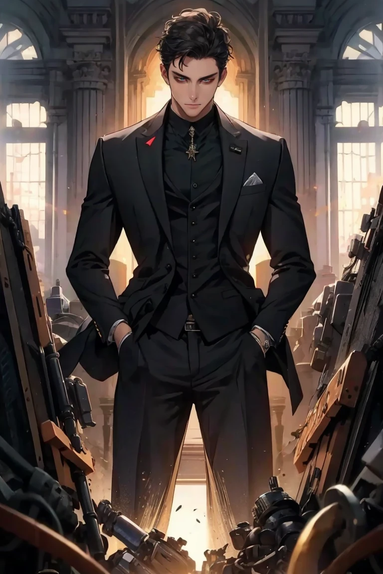 masterpiece, glowing,1 man, wrenchelegadome, black suit