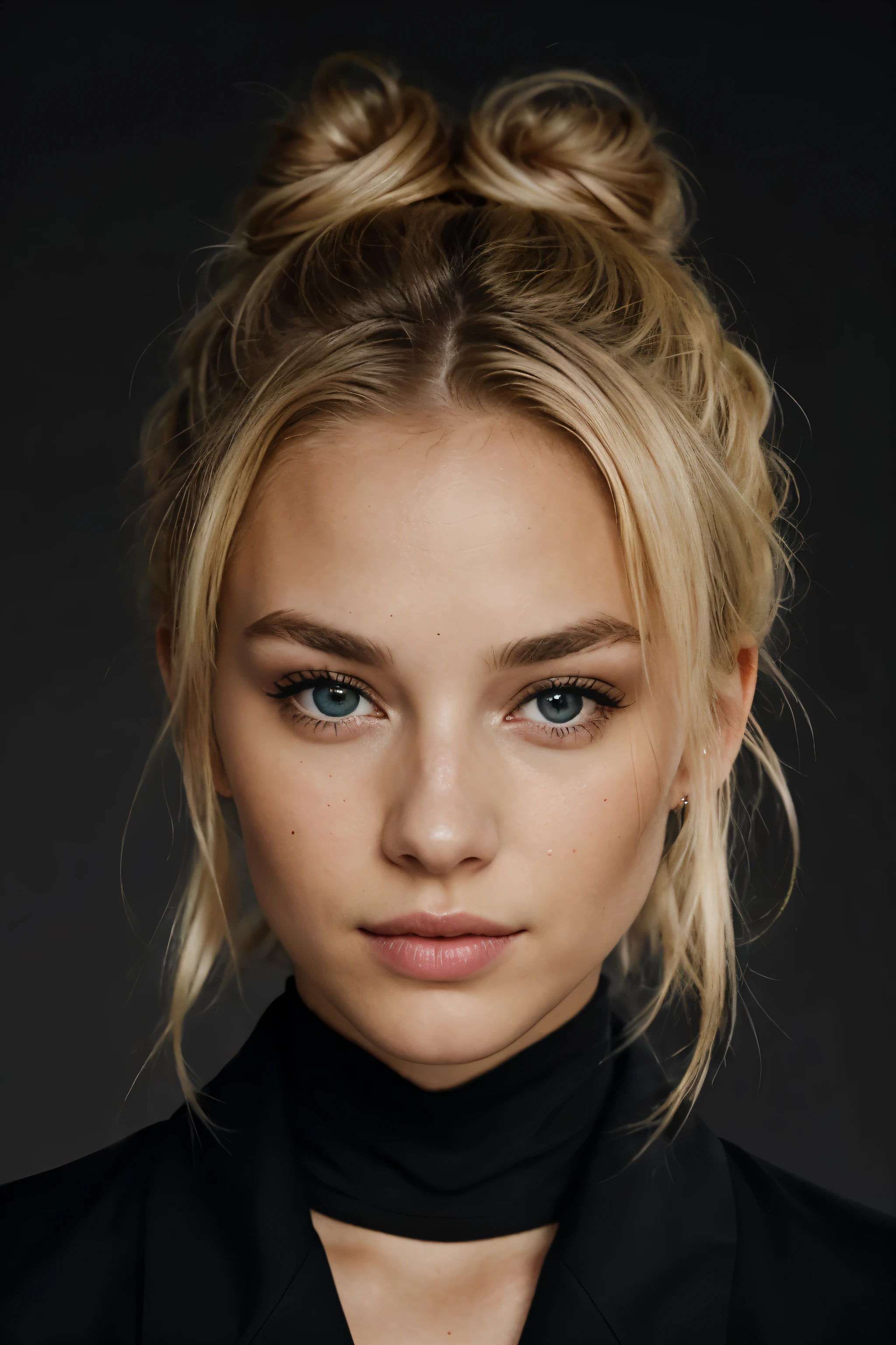 Eye contact of a blonde with hair in a bun and a dark theme