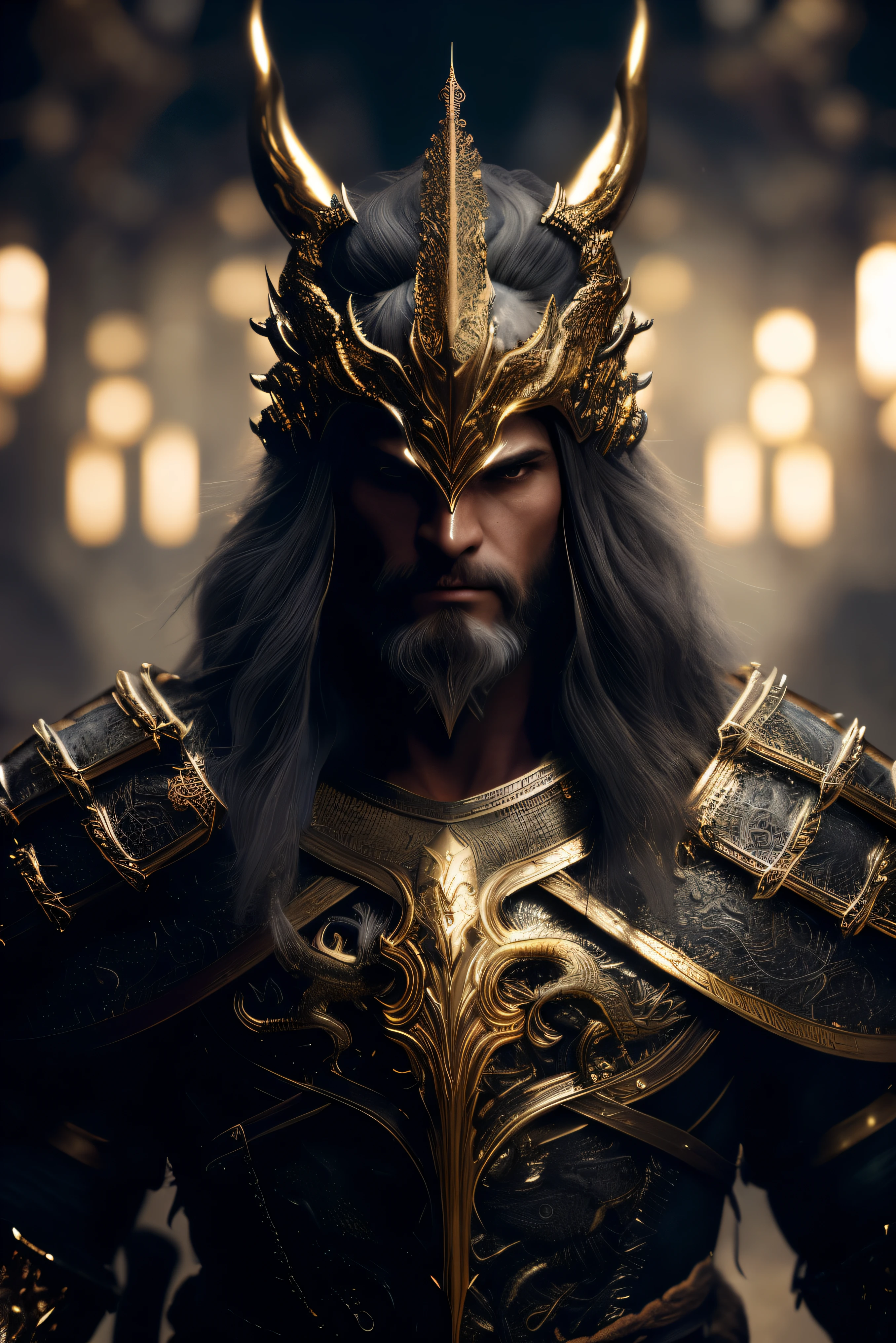 A (corpo inteiro: 1.3) Shot in 8K resolution, obra-prima de melhor qualidade, fotorrealista, visual intenso, anatomical photorealistic digital painting portrait of a (homem, guerreiro humano musculoso: 1.3) em (Intricate light armor in black gold dragon scale: 1.3) em a (mystical dark biomechanical environment: 1.3), pelos faciais, barba longa, light particle, pele muito detalhada, samurai segurando uma katana dourada, olhos muito detalhados, (estilo Elden Ring: 1.3), longos cabelos prateados, (Elven King Armor Style: 1.1), artista conceitual, global illumination, profundidade de campo, splash art